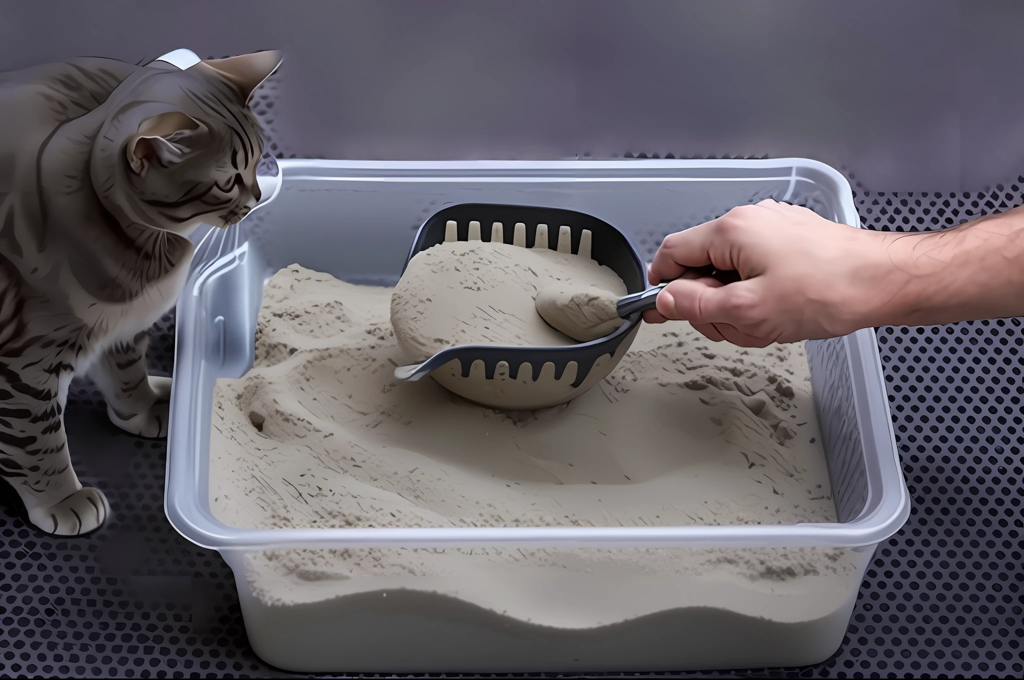 someone is feeding a cat with a brush and litter, 8l, 8 l, soft volume absorbation, there is full bedpan next to him, intimidating floating sand, tiny, catscatscats, high-quality photo, very clear picture, with highly detailed, pet animal, real photo, digging, fashionable, sand particles, smooth clean texture