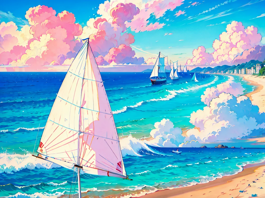 Through the train window, we see a clear sky and the sea. A yacht with a white sail crosses the calm white waves. There is not a soul on the beach, and a small parasol is stuck in the sand as if forgotten. It is as if the human race has perished.