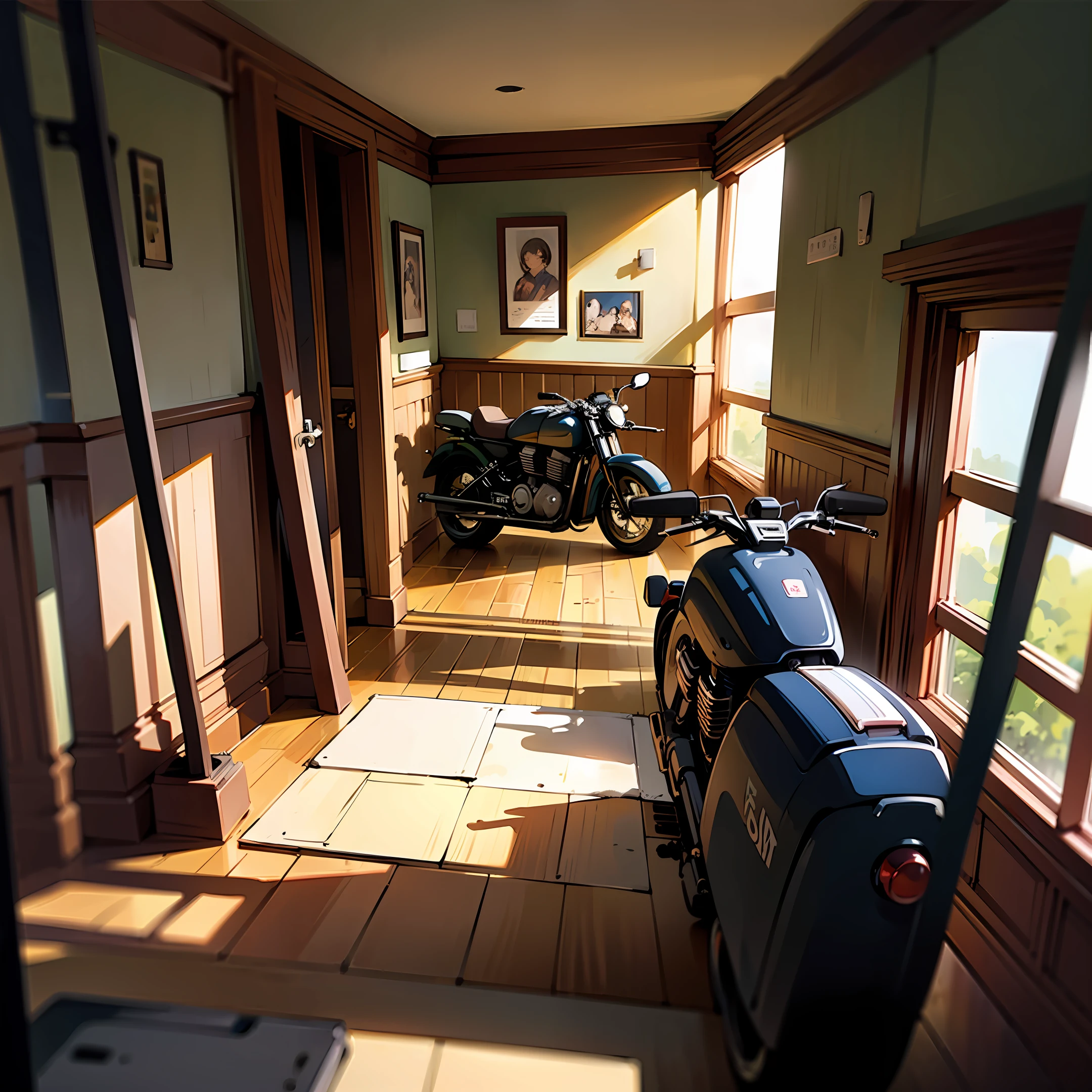 Motorcycle, interior scene with rifles on the wall,