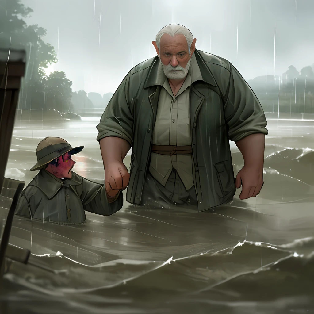 (a old man:1.1) saves a family from a flood, detailed and heroic, powerful image, dynamic angle, (roaring river:1.2)|(drowning waters), (light rain)|(heavy rain), strong atmospheric sense, rescue story, blurring ambient light, high saturation.