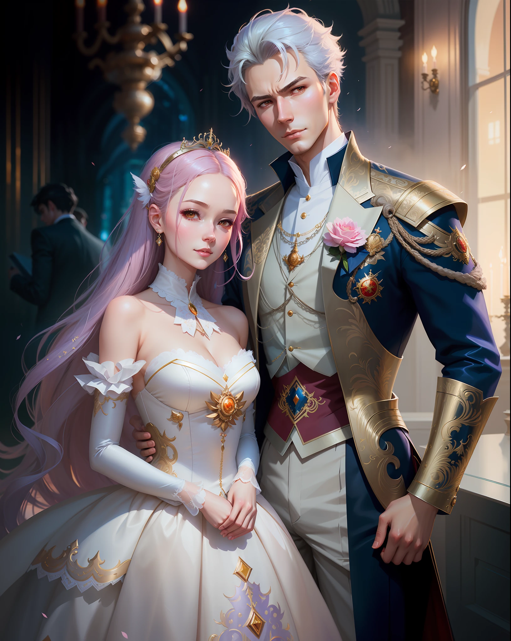 there are two people dressed in formal clothing posing for a picture, wlop and sakimichan, artwork in the style of guweiz, wlop and ross tran, wlop and andrei riabovitchev, neoartcore and charlie bowater, loish and wlop, knight and princess, loish and ross tran
