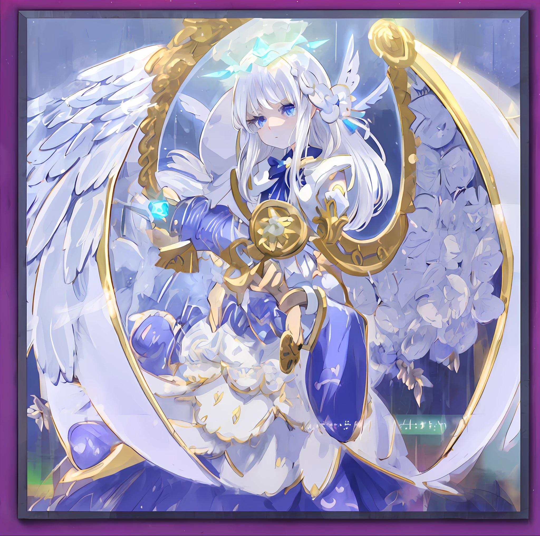 A magical girl, petite, white hair, white hair, light blue eyes, white skin, long eyelashes, bangs, long hair, married