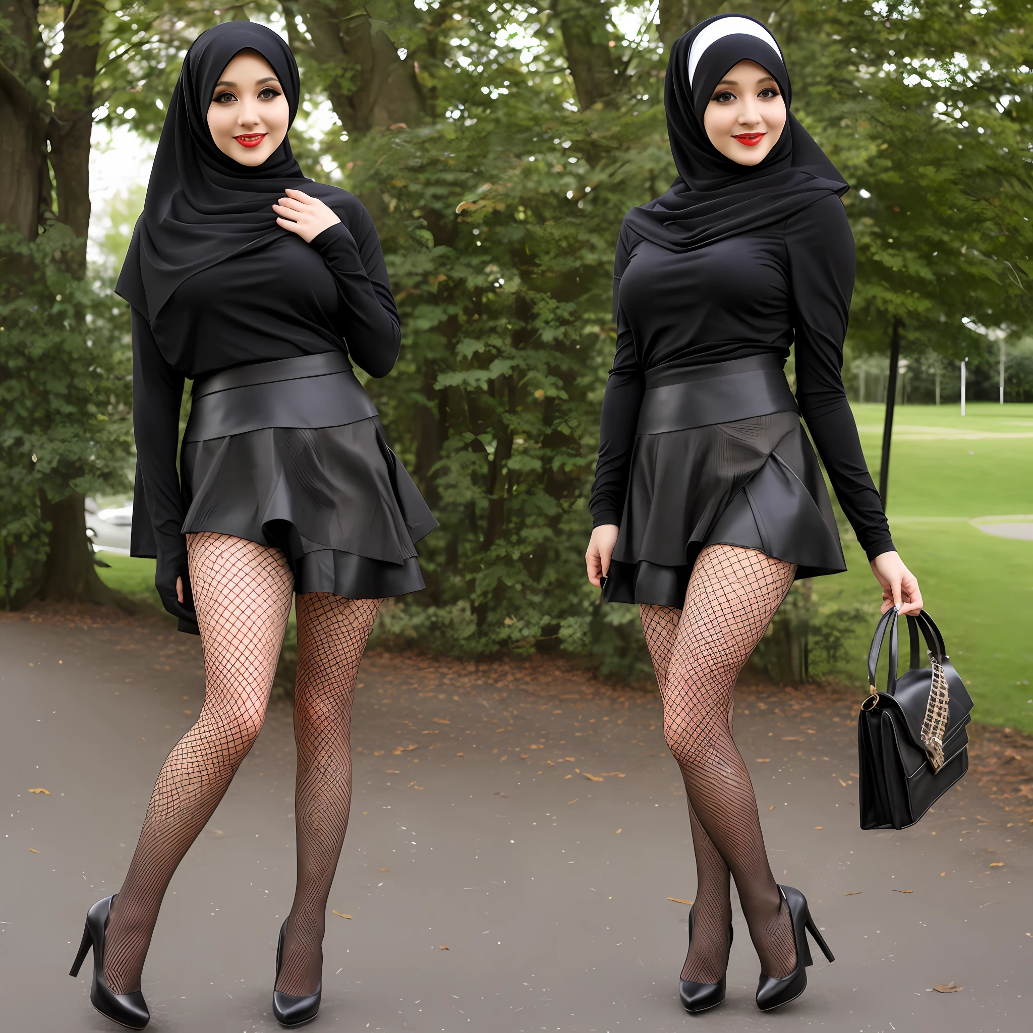 mini skirt, pantyhose, higheels, fishnet top, hijab