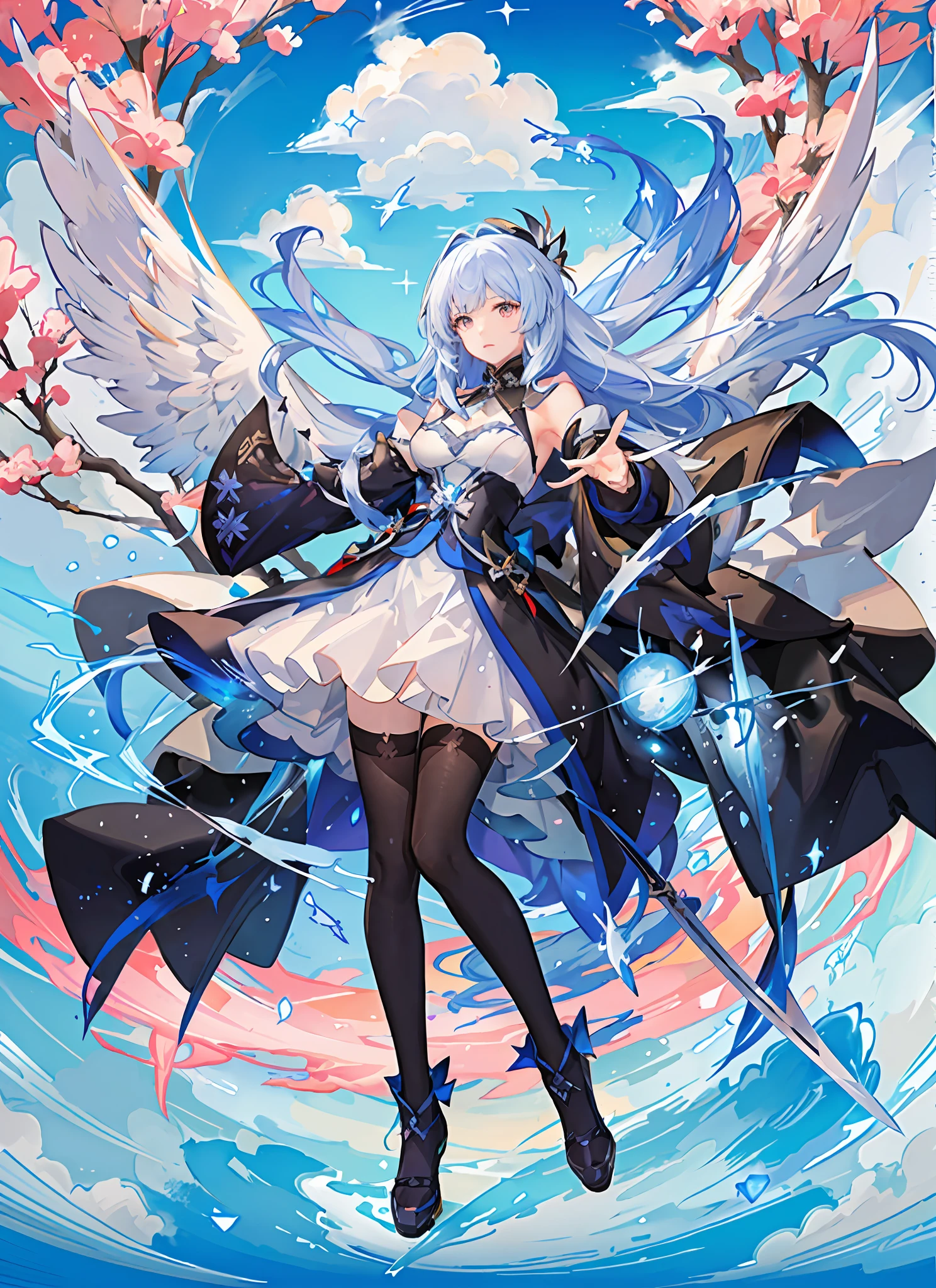 anime character with a sword and wings in a blue and white dress, ayaka genshin impact, cushart krenz key art feminine, keqing from genshin impact, high detailed official artwork, beautiful celestial mage, splash art anime , detailed key anime art, official artwork, ayaka game genshin impact, rimuru tempest