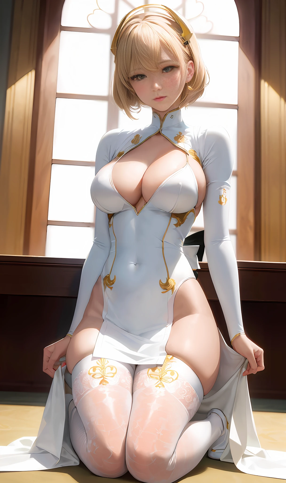 masterpiece, best quality, super detailed, intricate detail, 8k, hiqcg, hiqcgbody, soft light, 1 Ayanami Rei (delicate face, eva, bishoujo), solo, (eyes), beautiful detail face, beautiful Details, full body, hair, cleavage, detailed cloth textures, long legs, two-tone tights) yellow theme