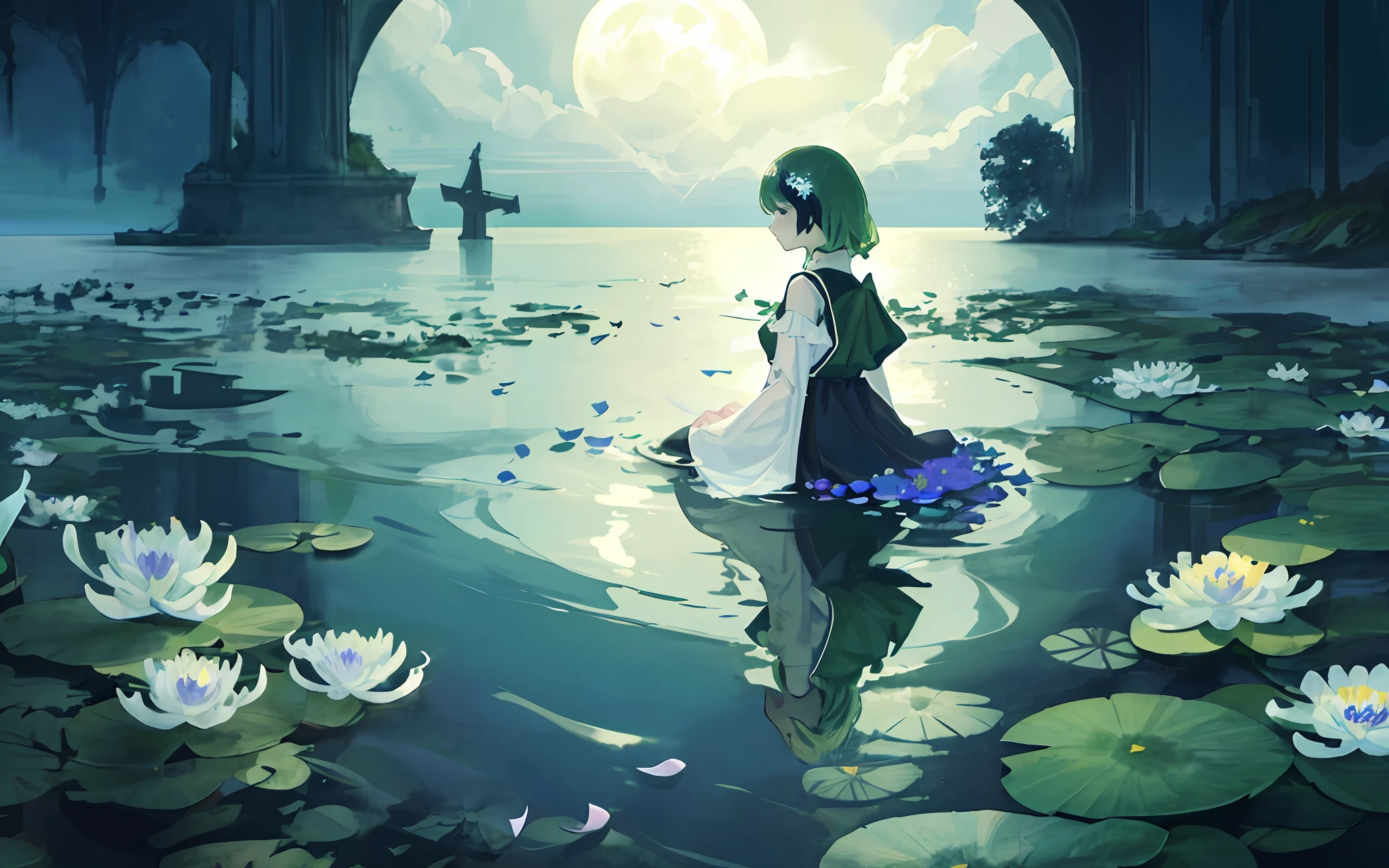 Dark green water, cool, fair skin, sea of flowers, pond, petals floating on water, lily, dark background, moonlight, hairpin,