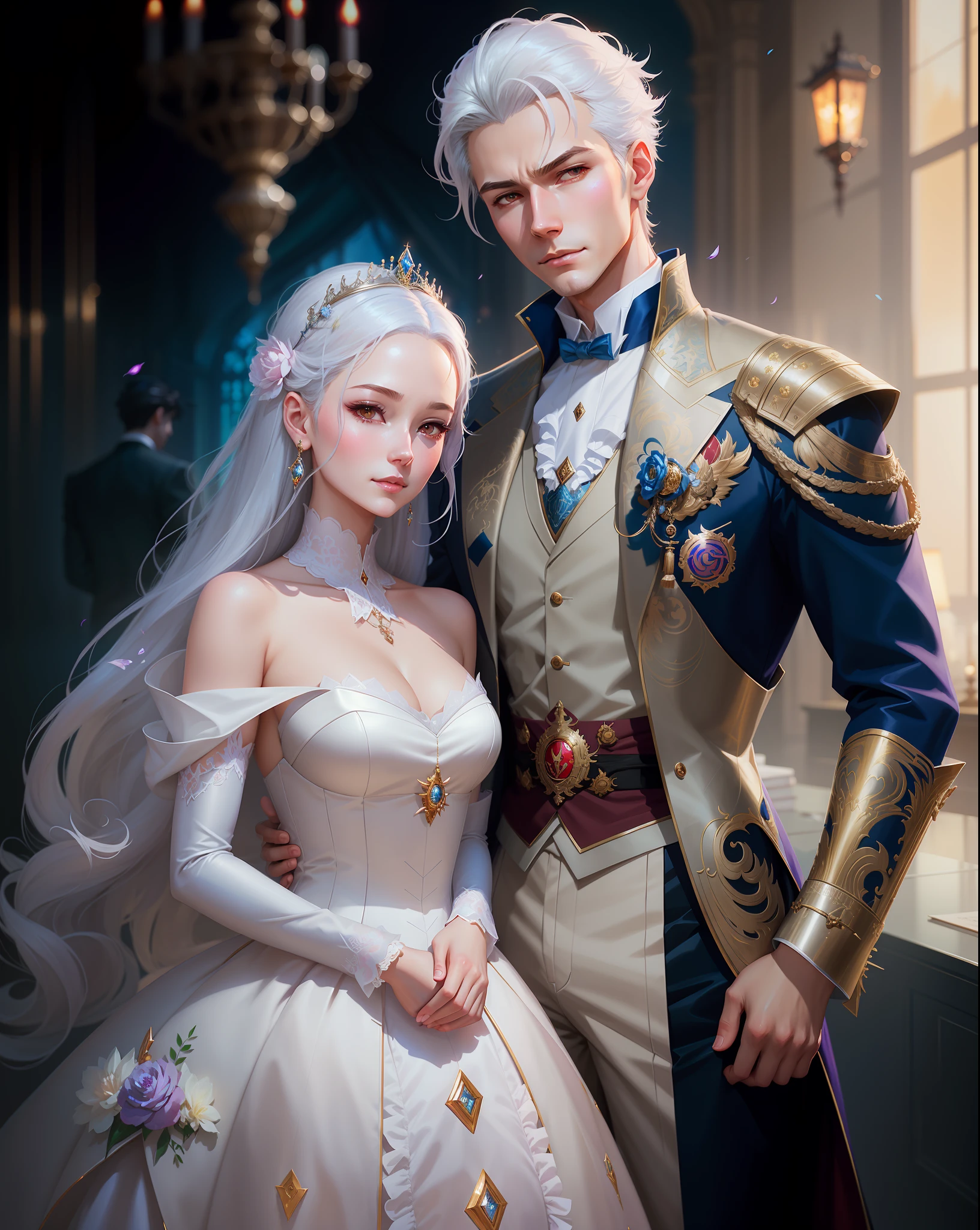 there are two people dressed in formal clothing posing for a picture, wlop and sakimichan, artwork in the style of guweiz, wlop and ross tran, wlop and andrei riabovitchev, neoartcore and charlie bowater, loish and wlop, knight and princess, loish and ross tran, with white hair