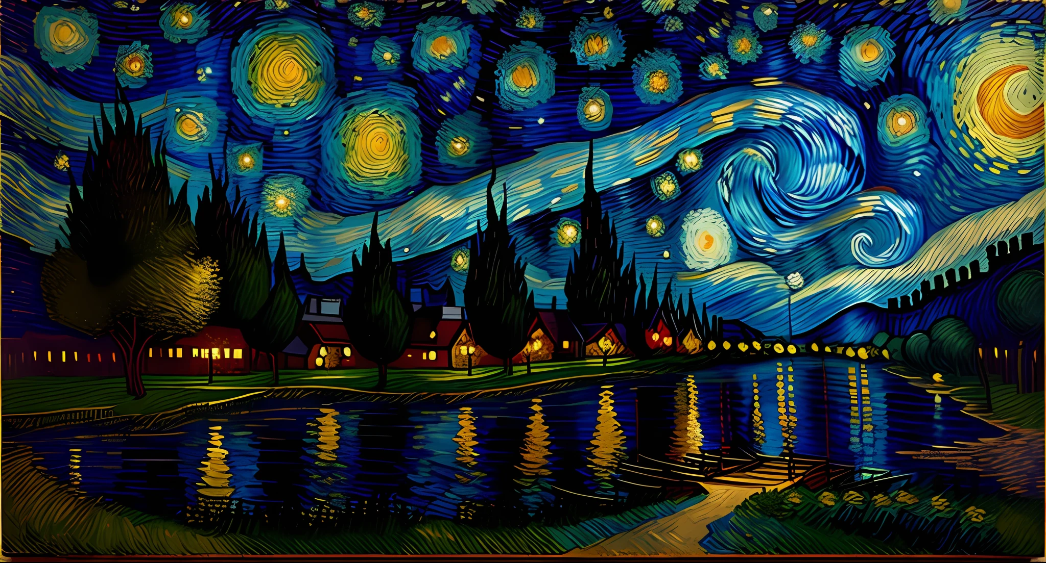 Complete reproduction of Van Gogh Starry Night, Van Gogh Style, Countryside, River, Small, Moon, Stars, Big Trees, in a Van Gogh inspired oil painting