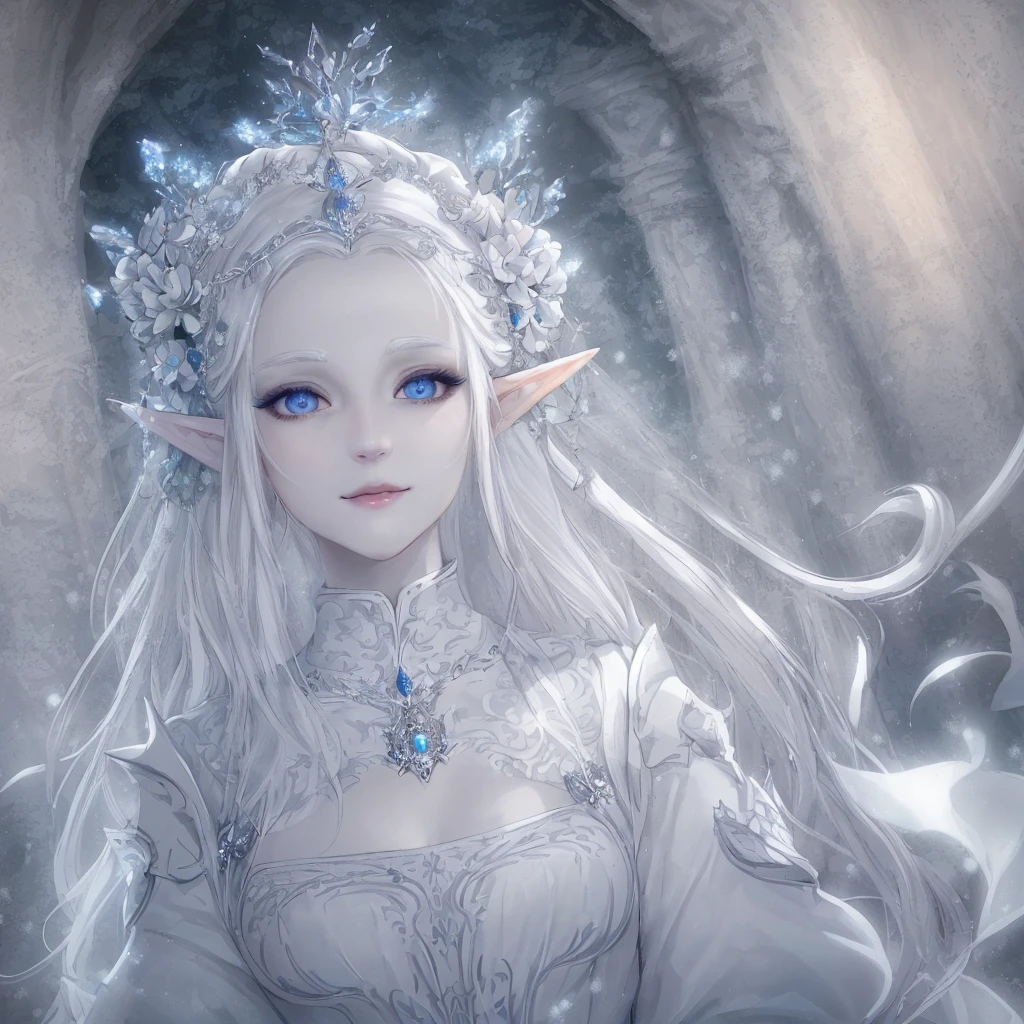 there is a woman with white hair and a white dress, hyperdetailed fantasy character, very beautiful elven top model, 4k hd. snow white hair, ethereal flowerpunk, elven character with smirk, shiny white skin, beautiful elven princess, porcelain white skin, white shiny skin, inspired by Alice Prin, elven princess, detailed white long hair, (detailed face, detailed eyes, clear skin, clear eyes)