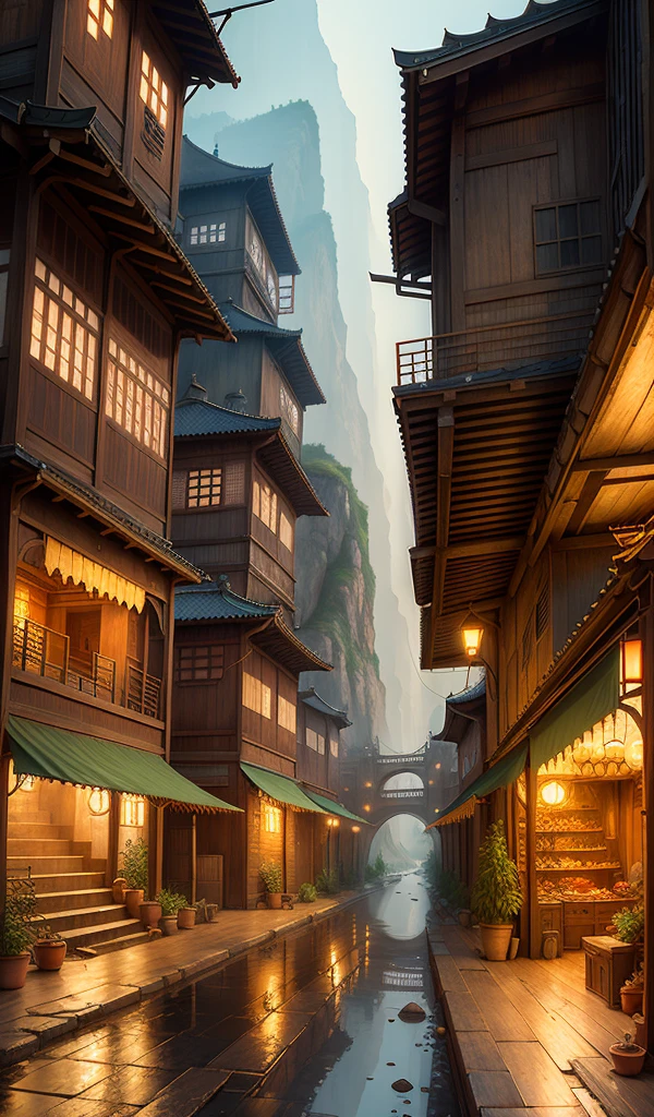 ((masterpiece)),((best quality)),((high detial)),((realistic,)) industrial age city, deep valley in the middle, architectural streets, bazaars, bridges, rainy days, steampunk, Chinese architecture