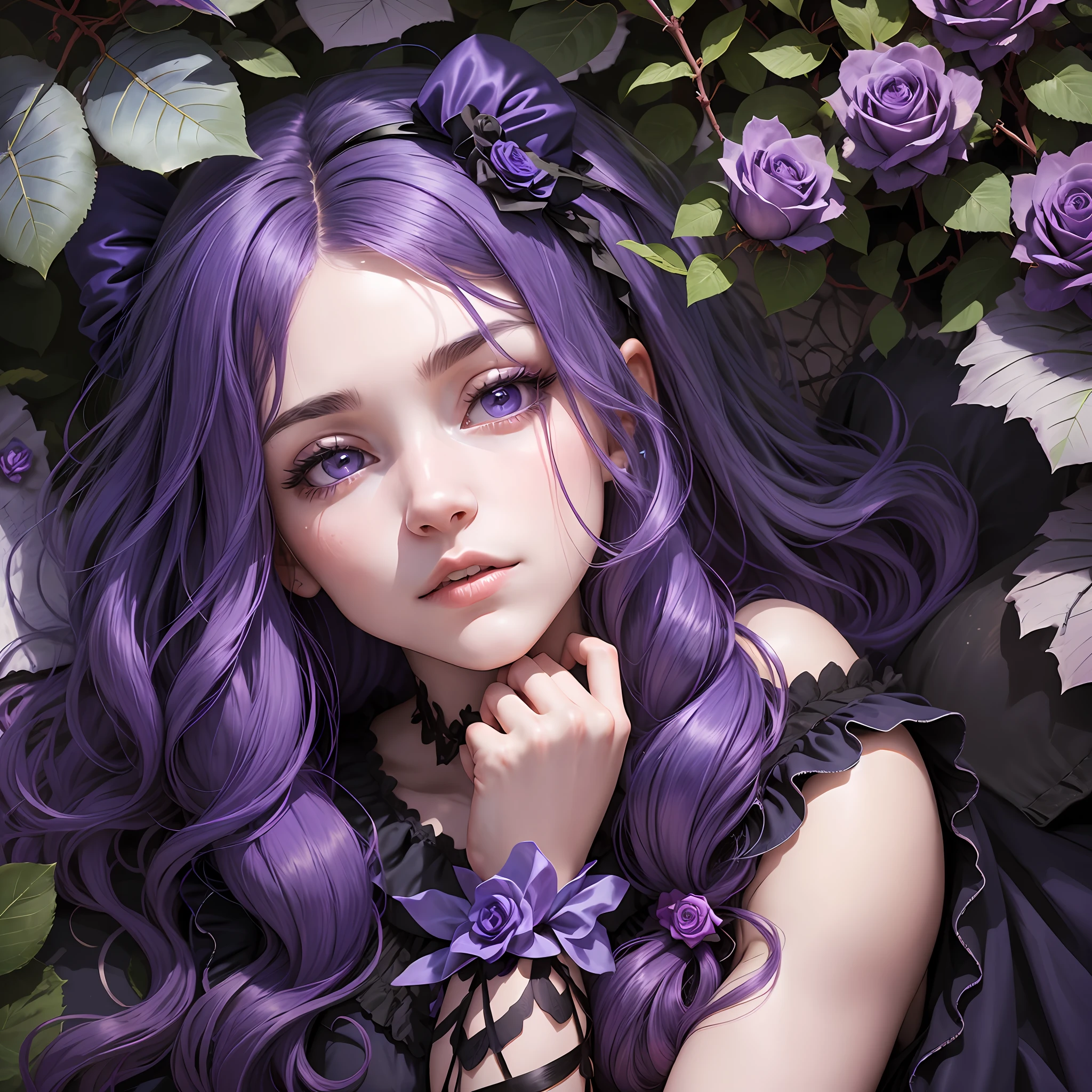 A girl with long purple hair, a pair of blue watery eyes, wearing a dark purple delicate hair accessory on her head, wearing a gothic dress with a bow, lying on a rose bush, holding a book-- v 6