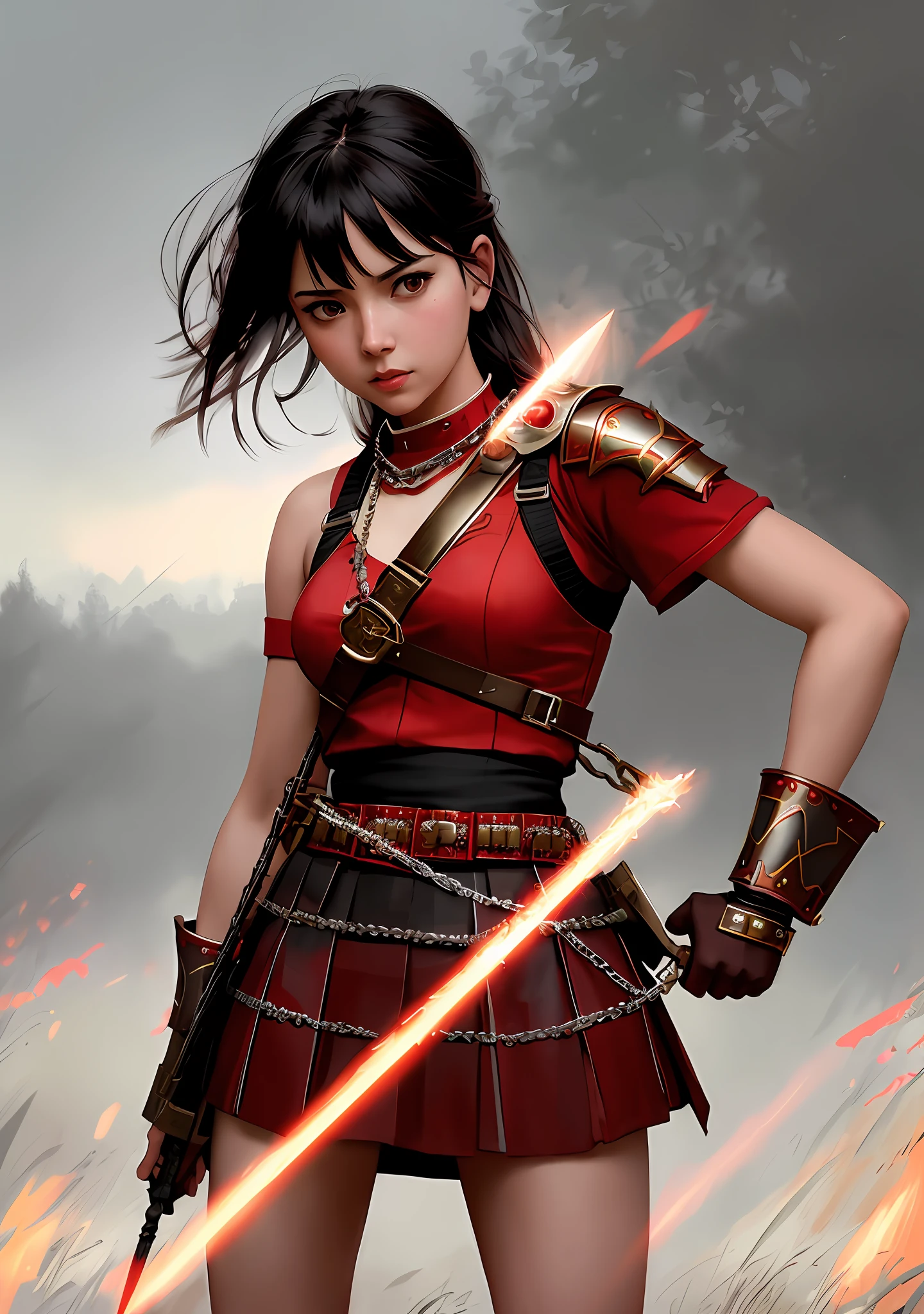 stunningly beautiful photo realistic cute warrior in skirt , using red chains, with red arms, Atey Ghailan, by Jeremy Mann, Greg Manchess, Antonio Moro, trending on ArtStation, trending on CGSociety, Intricate, High Detail, Sharp focus, dramatic, photorealistic painting art by midjourney and greg rutkowski
