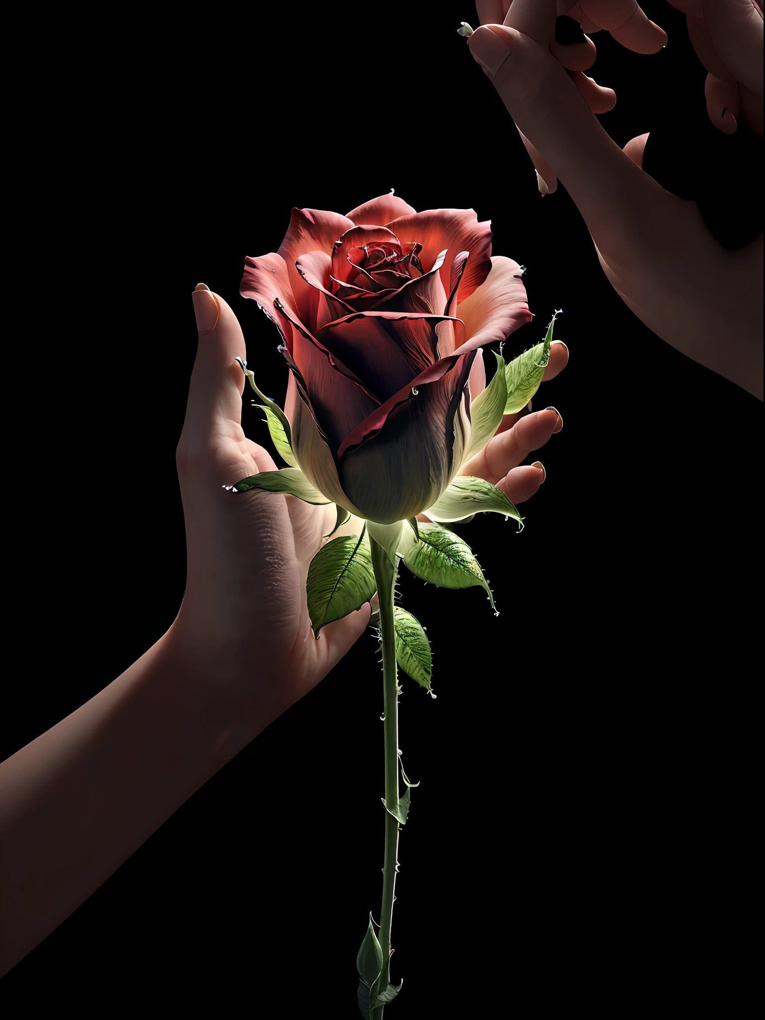 extremely detailed CG unity 8k wallpaper, masterpiece, best quality, ultra-detailed), (best illumination, best shadow, extremely delicate and beautiful), (close-up shot, 1 woman's hand holding a petrified rose with intricate details, surrounded by soft glow, in a dark background