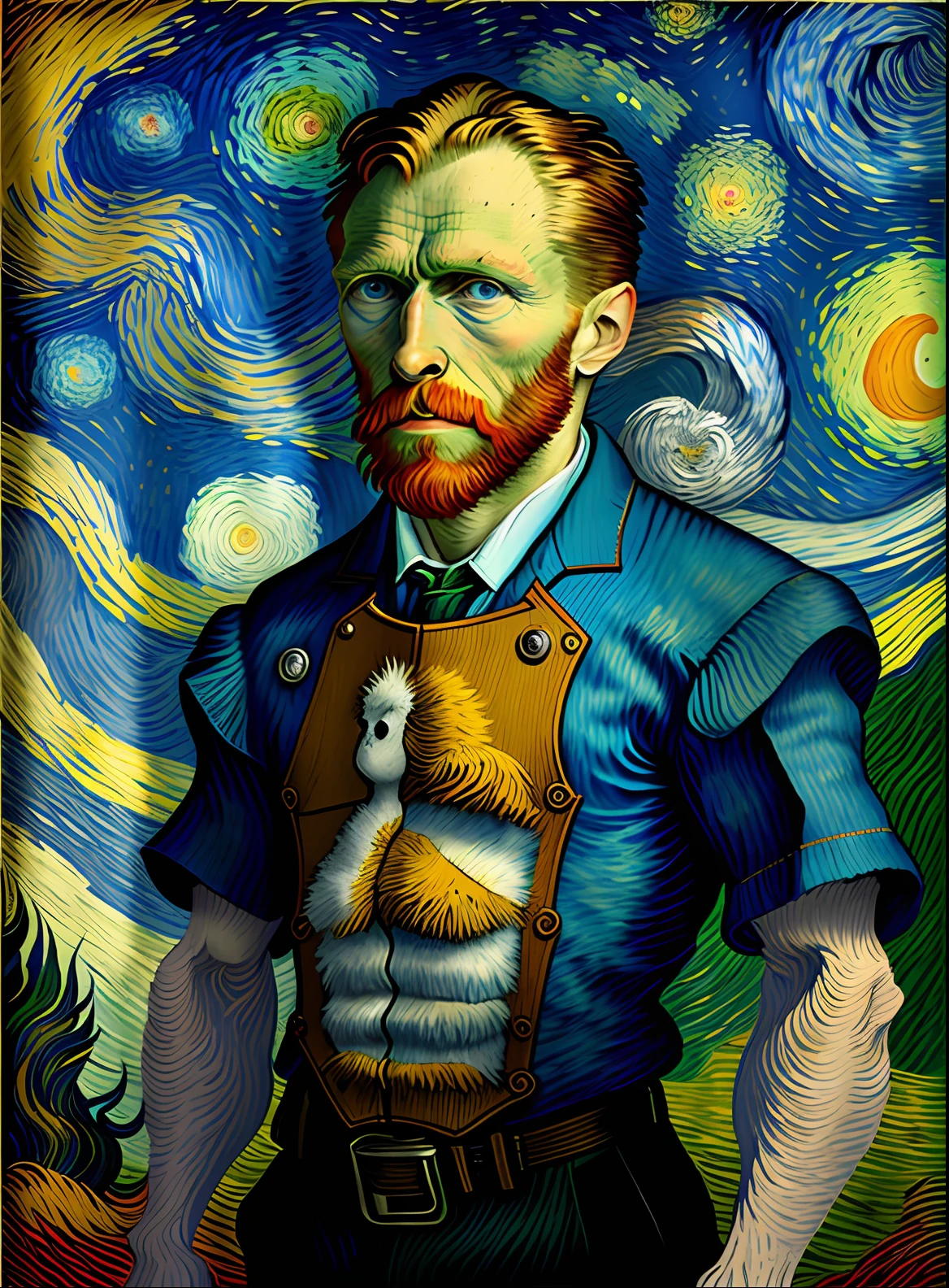Complete reproduction of Van Gogh style, upper body of Van Gogh, in a painting inspired by Van Gogh