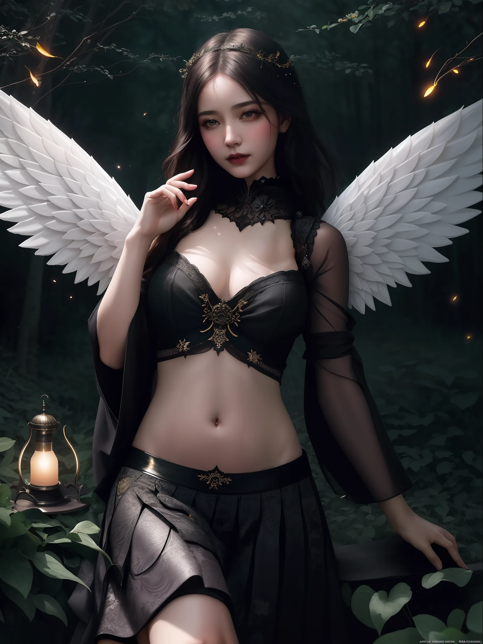 modelshoot style, the most beautiful artwork in the world featuring a (gothic angel cute woman in skirt:1.2), ((navel :1.5)), cute pose infront of a gorgeous glowing forest full of fireflies flying around, large detailed wings, (dark force:1.3), 35mm lens, f/1.8, 8K, clear facial features, (cinematic action scene:1.2), accent lighting, global illuminatio, trending on ArtStation, trending on CGSociety, Intricate, High Detail, Sharp focus, (dramatic:1.1), photorealistic painting art by midjourney and greg rutkowski