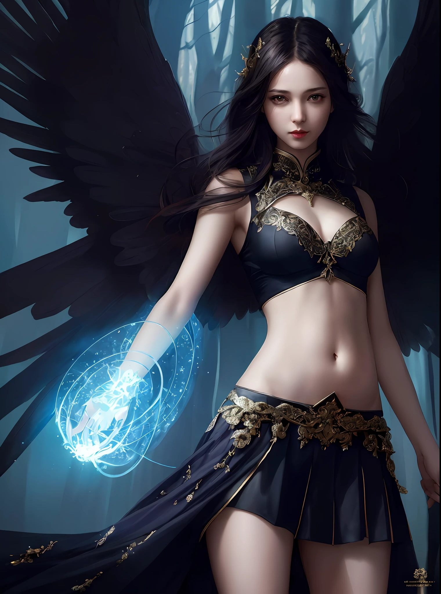 modelshoot style, the most beautiful artwork in the world featuring a (gothic angel cute woman in skirt:1.2), ((navel :1.5)), cute pose infront of a gorgeous glowing forest full of fireflies flying around, large detailed wings, (dark force:1.3), 35mm lens, f/1.8, 8K, clear facial features, (cinematic action scene:1.2), accent lighting, global illuminatio, trending on ArtStation, trending on CGSociety, Intricate, High Detail, Sharp focus, (dramatic:1.1), photorealistic painting art by midjourney and greg rutkowski