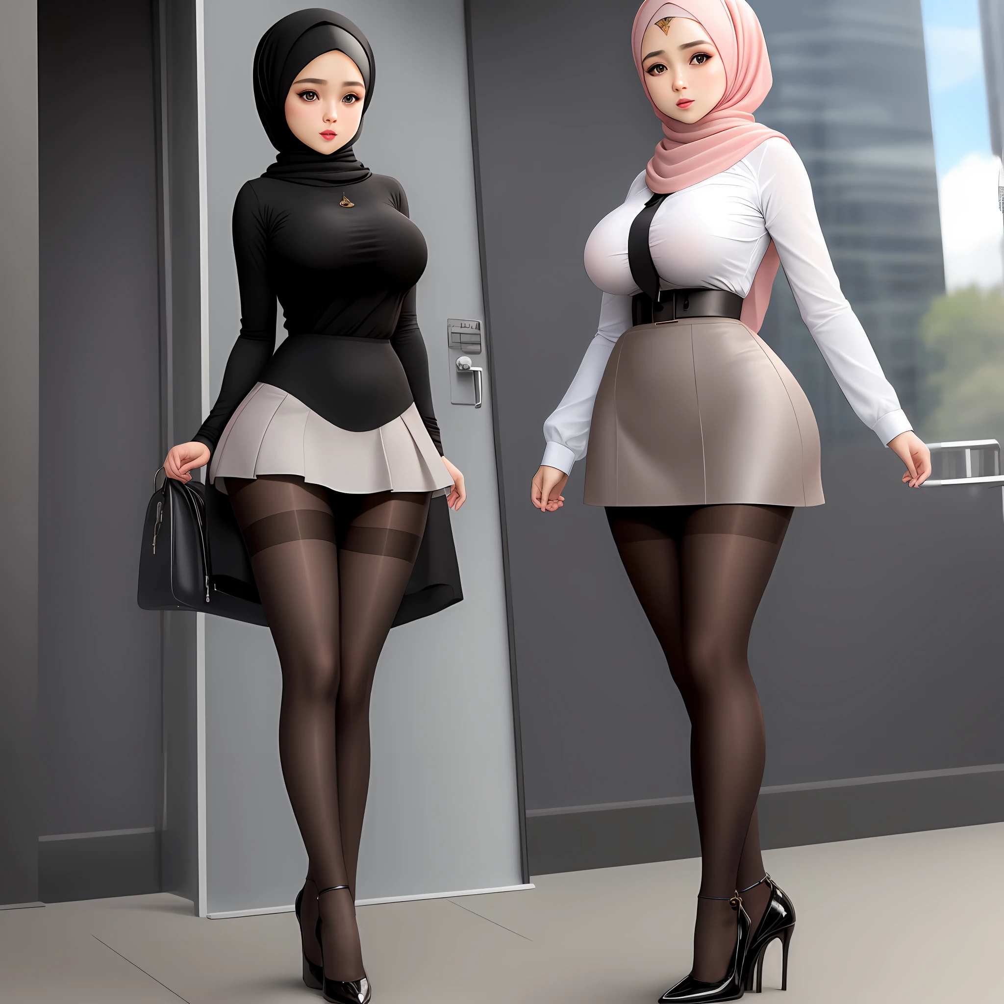 Hijab, mini skirt, large breast, pantyhose, full body, high heels