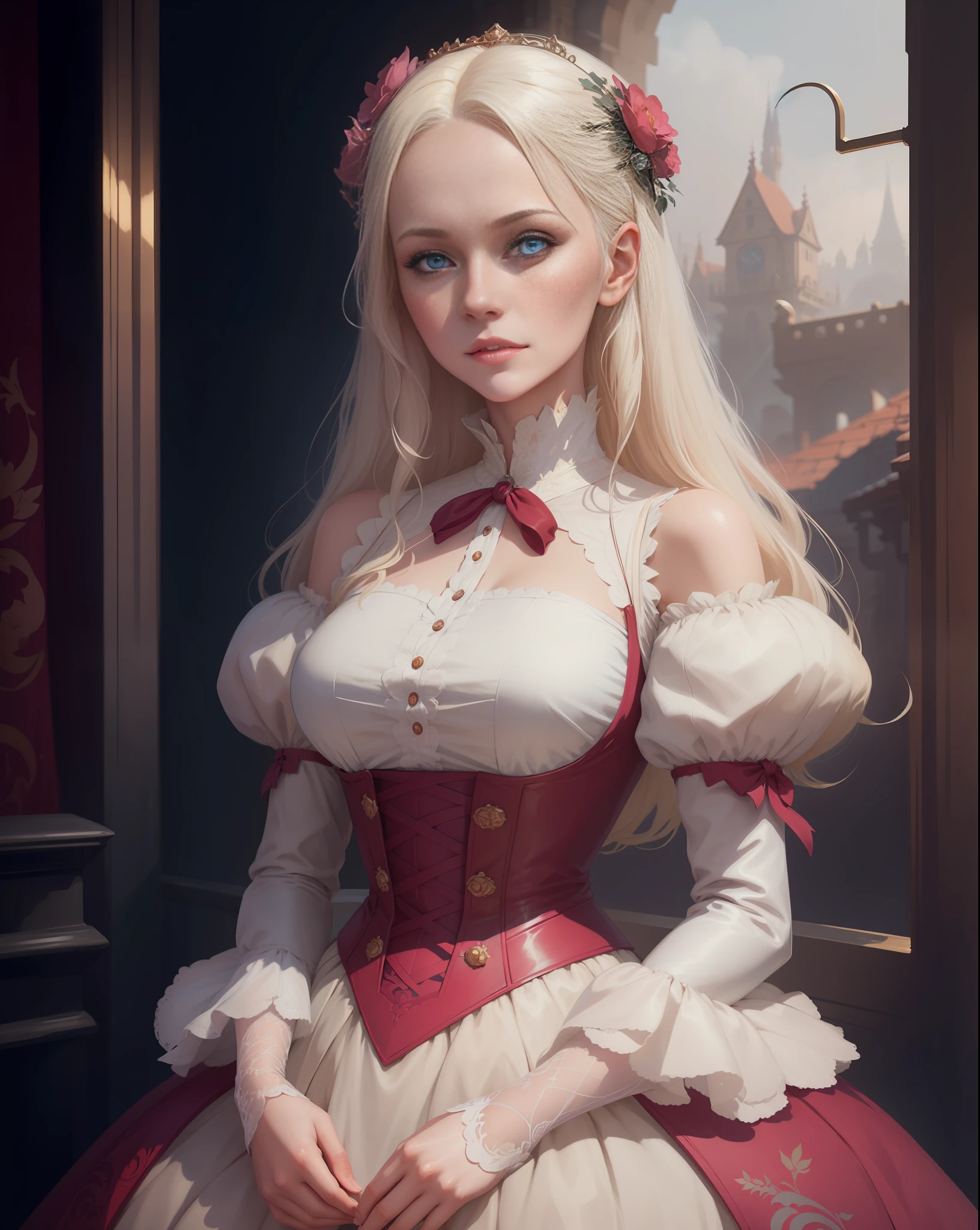 there is a woman in a dress posing for a picture, artwork in the style of guweiz, fantasy art style, in the style of bowater, beautiful character painting, loish and wlop, guweiz, alexandra fomina artstation, princess portrait , fantasy victorian art, 8k high quality detailed art, fantasy art portrait, fantasy portrait, platinum blonde haired woman with delightful features and blue eyes