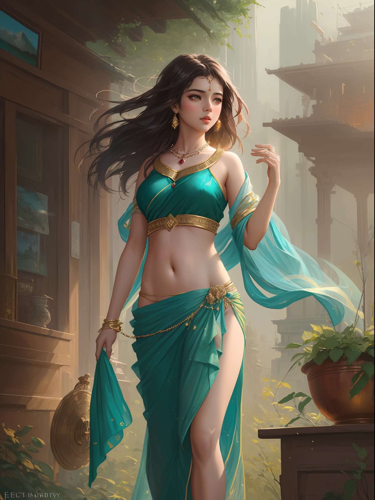 modelshoot style, (extremely detailed CG unity 8k wallpaper), full shot body photo of the most beautiful artwork in the world, stunningly beautiful photo realistic cute women in saree (navel:1.5), professional majestic oil painting by Ed Blinkey, Atey Ghailan, Studio Ghibli, by Jeremy Mann, Greg Manchess, Antonio Moro, trending on ArtStation, trending on CGSociety, Intricate, High Detail, Sharp focus, dramatic, photorealistic painting art by midjourney and greg rutkowski