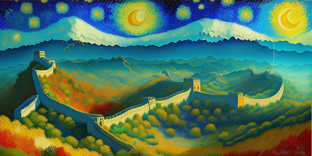 Complete reproduction of Van Gogh style, The Great Wall, in a Van Gogh-inspired oil painting