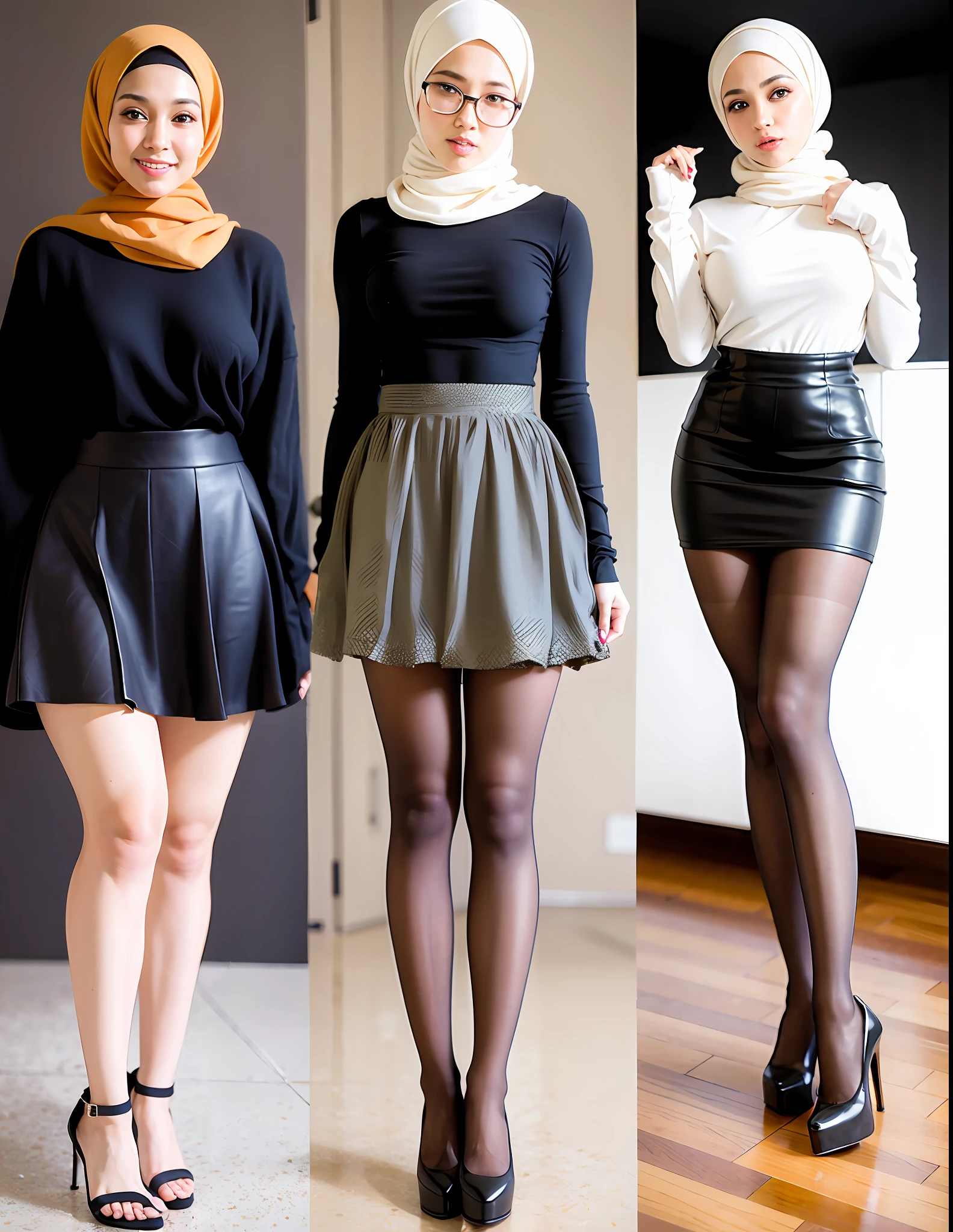 Hijab, mini skirt, large breast, pantyhose, full body, high heels