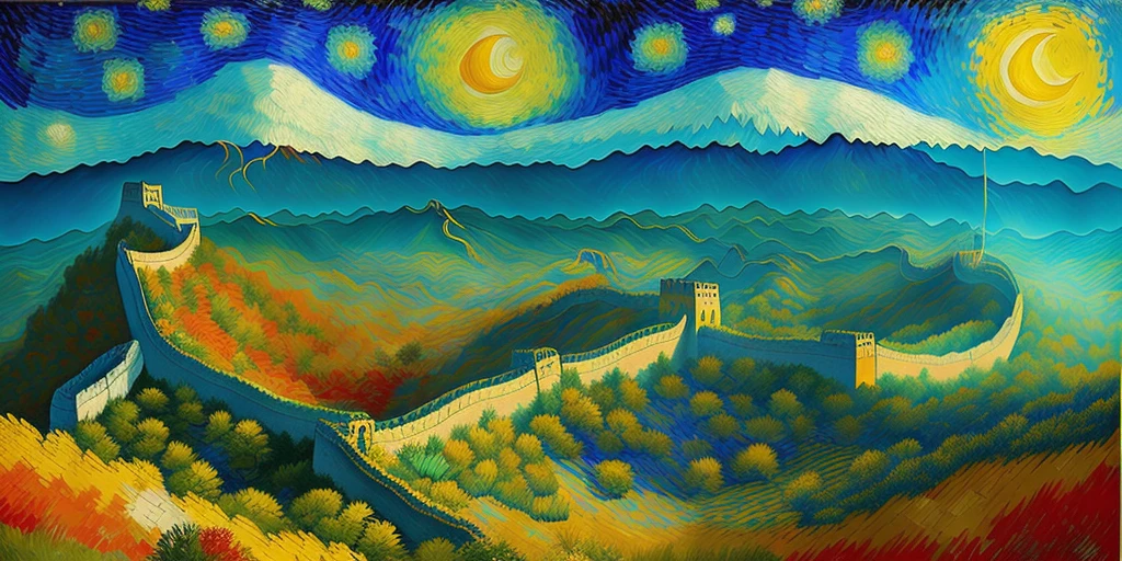 Complete reproduction of Van Gogh style, The Great Wall, in a Van Gogh-inspired oil painting