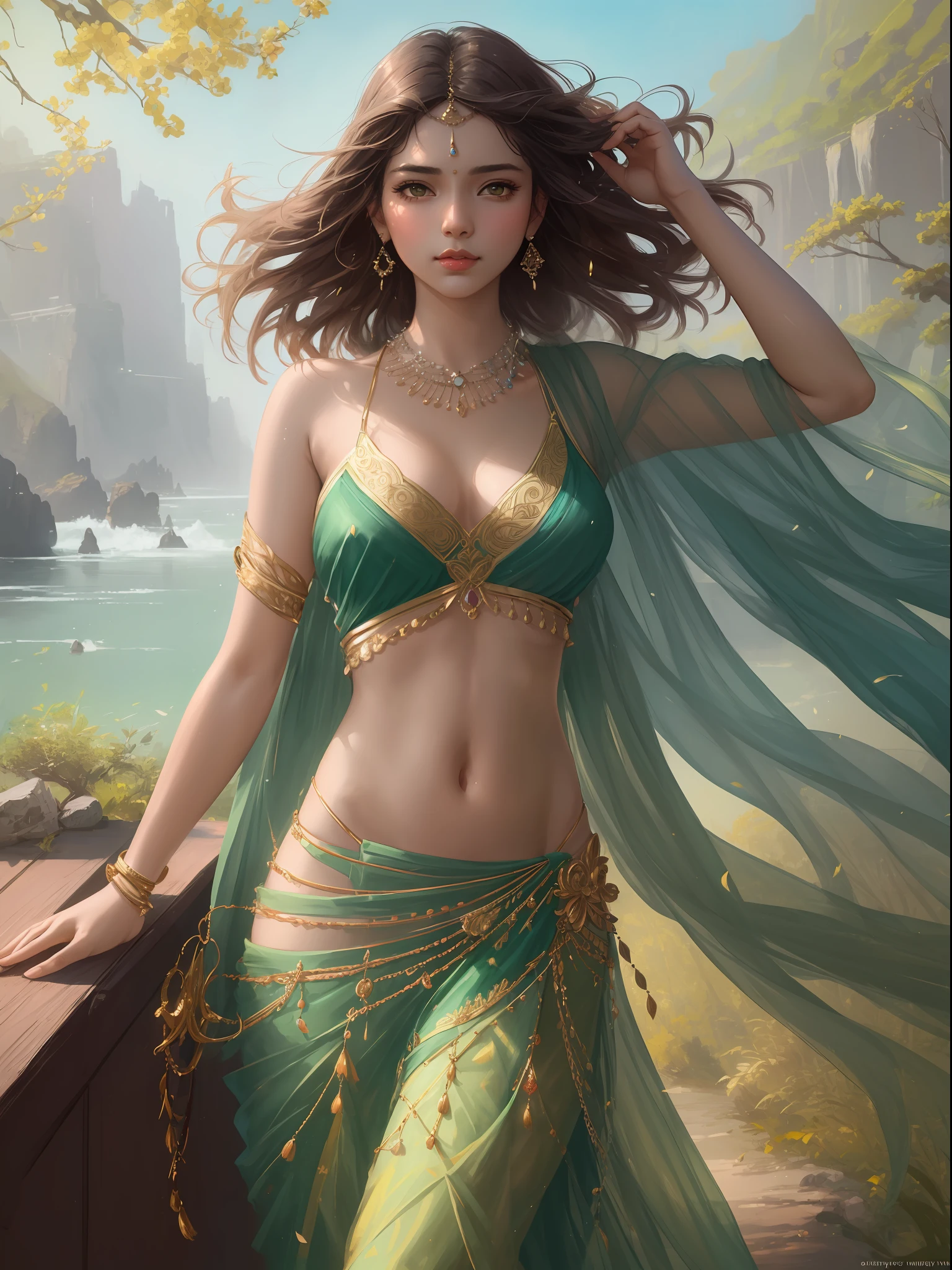 modelshoot style, (extremely detailed CG unity 8k wallpaper), full shot body photo of the most beautiful artwork in the world, stunningly beautiful photo realistic cute women in saree (navel:1.5), professional majestic oil painting by Ed Blinkey, Atey Ghailan, Studio Ghibli, by Jeremy Mann, Greg Manchess, Antonio Moro, trending on ArtStation, trending on CGSociety, Intricate, High Detail, Sharp focus, dramatic, photorealistic painting art by midjourney and greg rutkowski