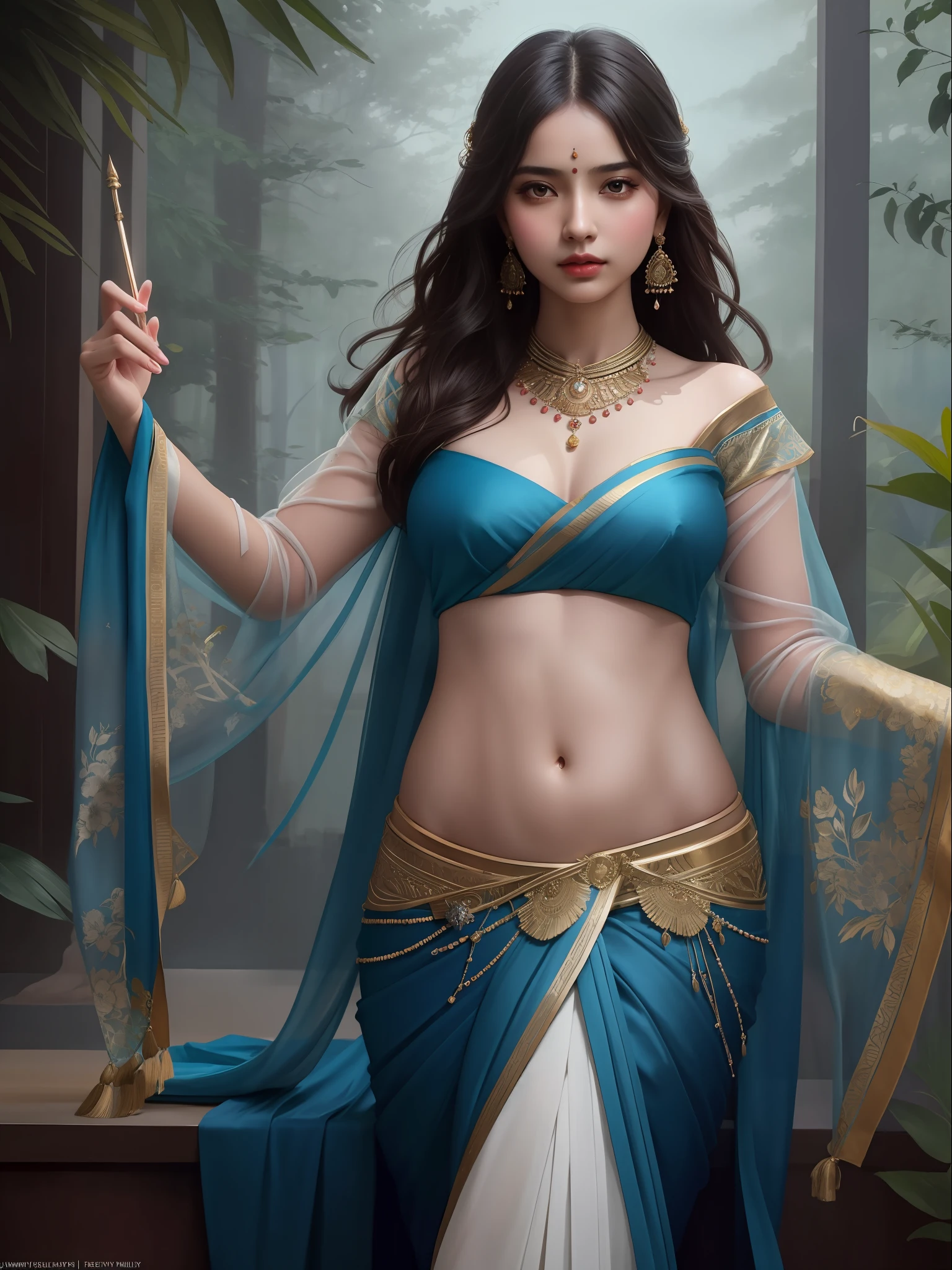 modelshoot style, (extremely detailed CG unity 8k wallpaper), full shot body photo of the most beautiful artwork in the world, stunningly beautiful photo realistic cute women in saree (navel:1.5), professional majestic oil painting by Ed Blinkey, Atey Ghailan, Studio Ghibli, by Jeremy Mann, Greg Manchess, Antonio Moro, trending on ArtStation, trending on CGSociety, Intricate, High Detail, Sharp focus, dramatic, photorealistic painting art by midjourney and greg rutkowski