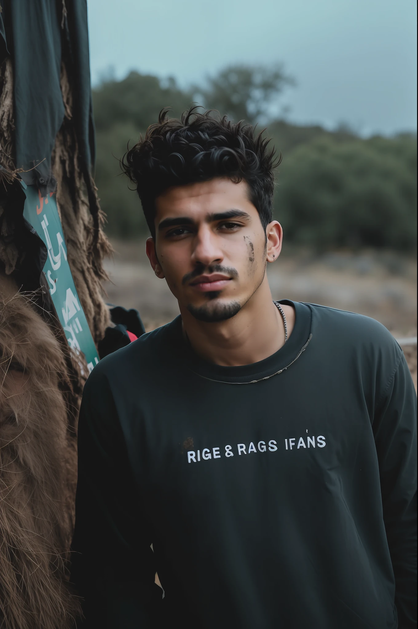 arafed man standing in front of a tree with a sign on it, rags, wearing ragged clothing, ragged clothes, album art, rugged face, mid shot portrait, andres rios, portrait of a rugged young man, alex flores, ripped clothing, portrait image, rugged, rugged and dirty, enes dirig, portrait of rugged zeus, rugged details