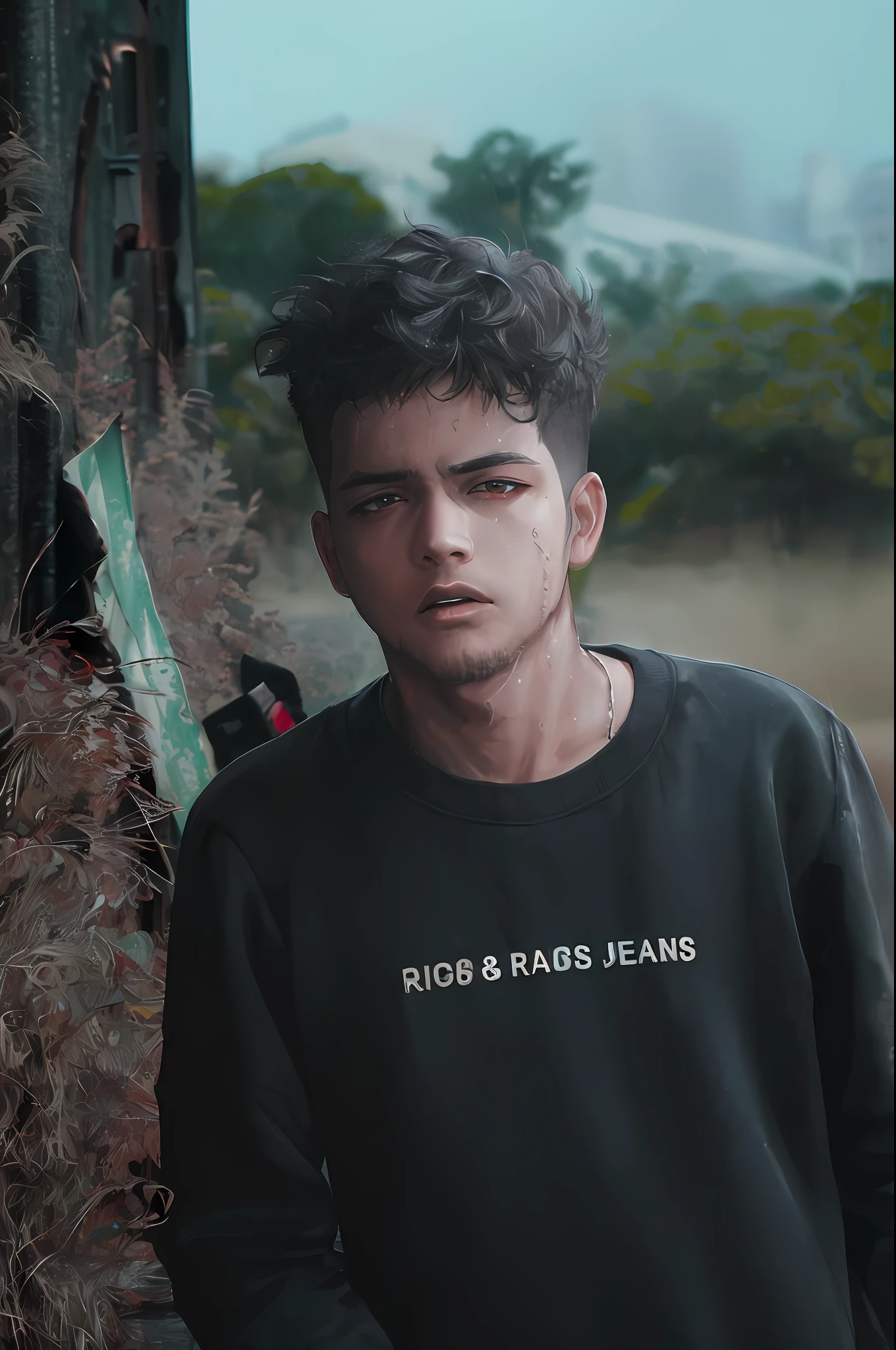 kk, best quality, more details, masterpiece, 1boy, kaneki ken, portrait, male focus, red eyes, solo, bangs, looking at viewer, hood, short hair, rain, tokyo tokyo \(city\), hood up, nail polish, white hair, luxurious, 8k, detailed, ray tracing, depth of field, cinematic lighting,