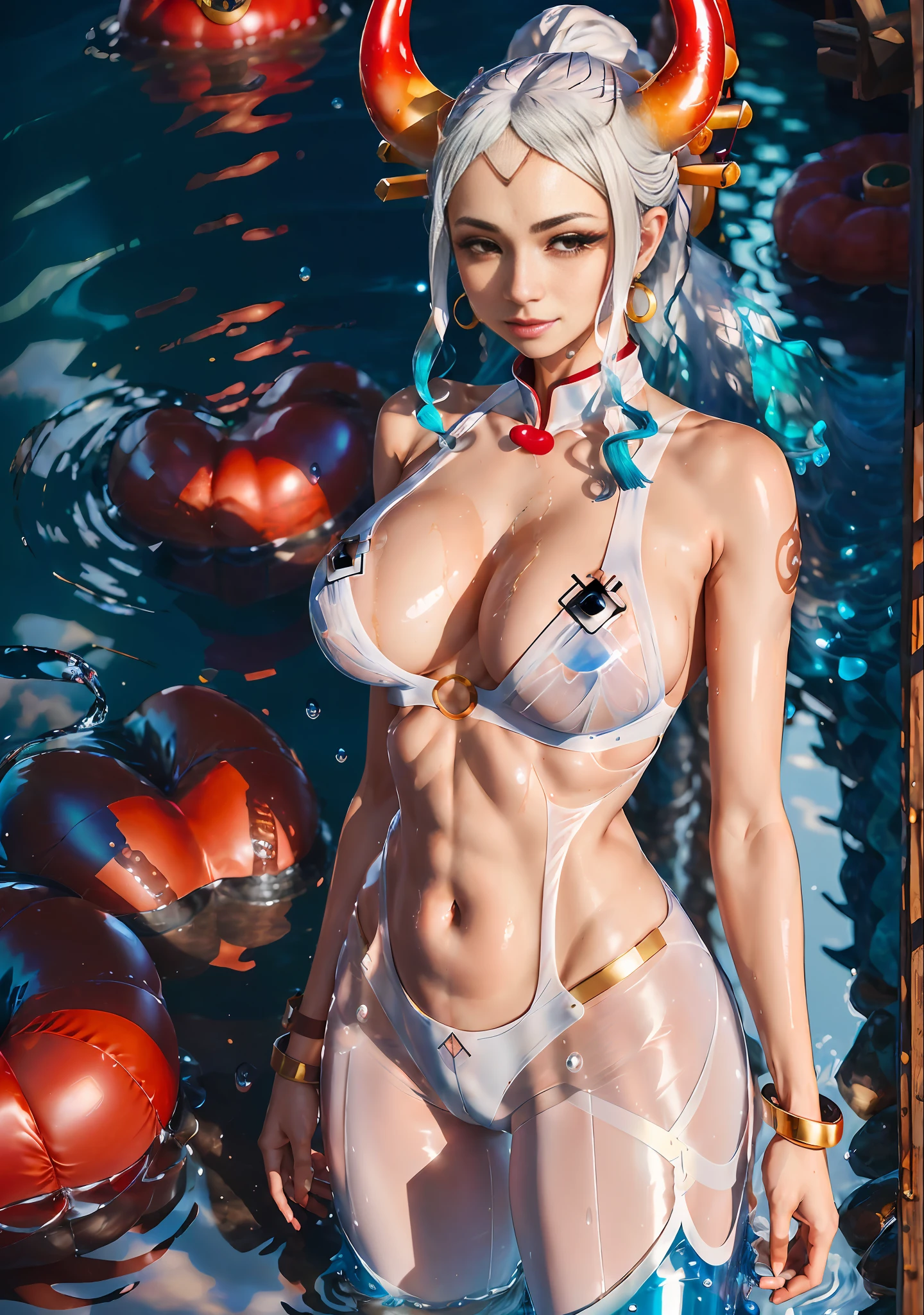 (Red tight-fitting transparent latex pants with flared trousers at the bottom of the trousers), (sexy Japanese maiden costume, open chest, hollowed out thighs), with horns on the head, and two red and yellow horns on the head. The ends of the hair are curly. White transparent cheongsam. (Wearing a white transparent fabric cheongsam with an opening on the chest, the highest fabric material, 8k performance of the fabric, rendering by physics engine calculations)::1.96. (high quality, detailed CG art), (beautiful illumination and shadow, floating effect) (1 person) (glossy hair, blue hair: 1.2+white hair: 1.6), when the skin between the chest volume and lower abdomen is moist, drip The falling drops of water and sweat slide down together, sexy and gorgeous, and the static photos convey a dynamic effect. (Extremely detailed, finely crafted, highest quality, strong mirror reflection in the bikini, clear latex texture) The woman&#39;s body is beautiful, extremely sexy, glamorous, full of temptation, and the transparent texture of the leggings is just right. My eyes lit up. ((NSFW, low saturation))((oily skin)),((droplets of water on the skin)),((erotic)):1.6. The body is moist and shiny, the body is moist and shiny, the body is moist and shiny, bigger breasts, bigger ass. ((masterpiece)), best quality, ultra-detailed, highly realistic, the whole body is wet, bathed in the rain, every sweat bead is clearly visible. (Masterpiece:1.6), (best quality:1.5), ultra highres,1girl, extremely detailed,8k, beautiful, detailed eyes, looking at viewer, strong dark colors, (depth of field), (dynamic), (epic), Sharp Focus, (Complicated Details: 1.86), Full Color, Nano\(One Piece\), Bangs, Strapless, Belt, Gold Striped Transparent Heart Nipsticks, Blue Sky, Bracelet, Breasts, (Orange Eyes: 1.72), Bubbles , cleavage, clouds, daytime, earrings, flowing hair, blue transparent heart nipple stickers, groin, obvious vest line, jewelry, big breasts, long hair, belly button, orange hair, clear latex pants, shoulder tattoo, collarbone Obvious, Sky, Smiling, Single, Standing, Obscene tattoos on the abdomen, only nipple stickers on the upper body, tattoos, pirate ship, (one piece), (strength: 1.4), ((whole body)), the body is wet and shiny,