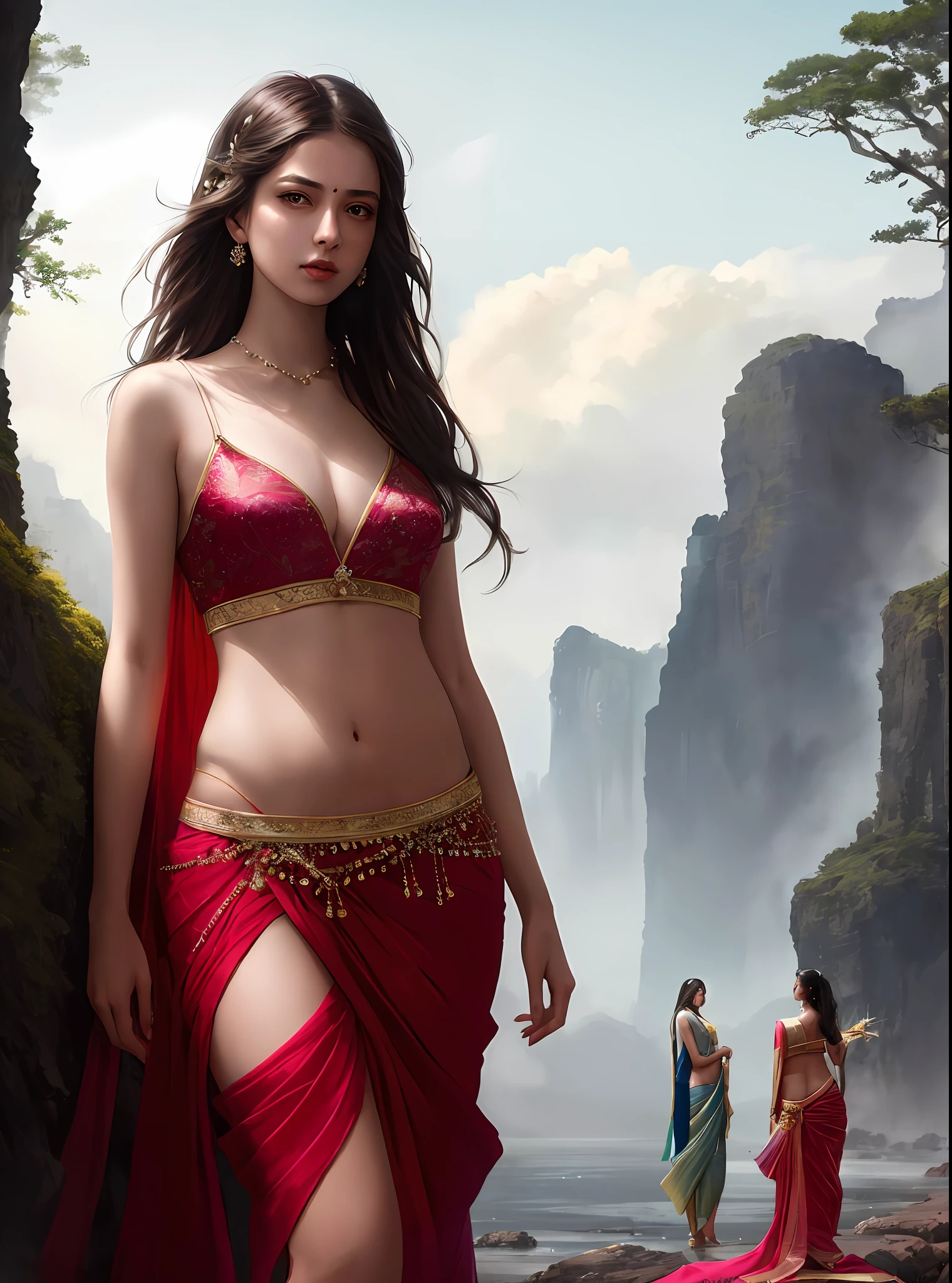 modelshoot style, (extremely detailed CG unity 8k wallpaper), full shot body photo of the most beautiful artwork in the world, stunningly beautiful photo realistic cute women in saree (navel:1.5), professional majestic oil painting by Ed Blinkey, Atey Ghailan, Studio Ghibli, by Jeremy Mann, Greg Manchess, Antonio Moro, trending on ArtStation, trending on CGSociety, Intricate, High Detail, Sharp focus, dramatic, photorealistic painting art by midjourney and greg rutkowski