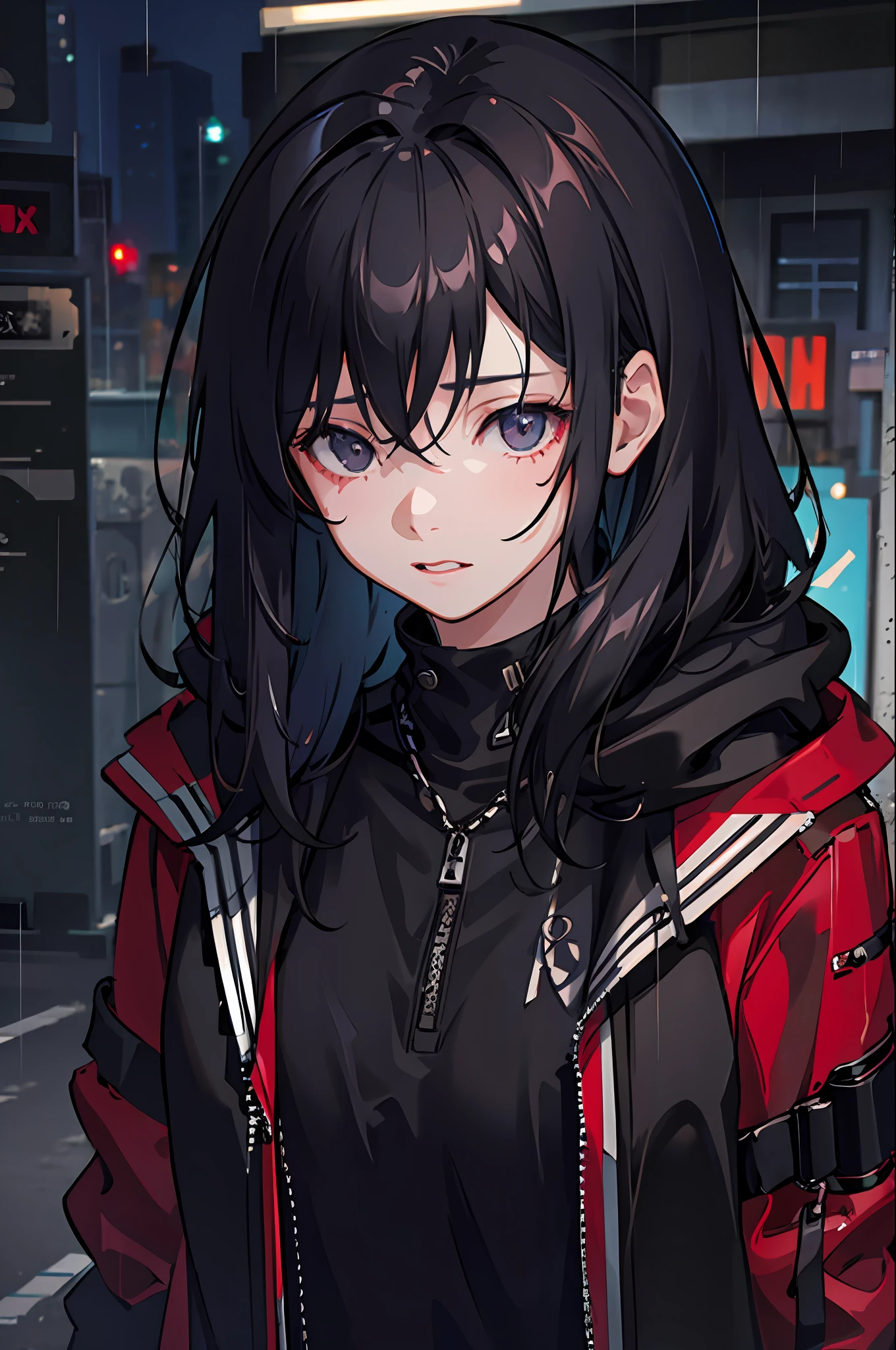 1girl, jacket, rain, outdoor, hoodie, open jacket, chain, backpack, looking at another, messy hair, trending on artstation, 8k resolution, highly detailed, anatomically correct, sharp image, digital painting, concept art, trending on pixiv, style of makoto shinkai,