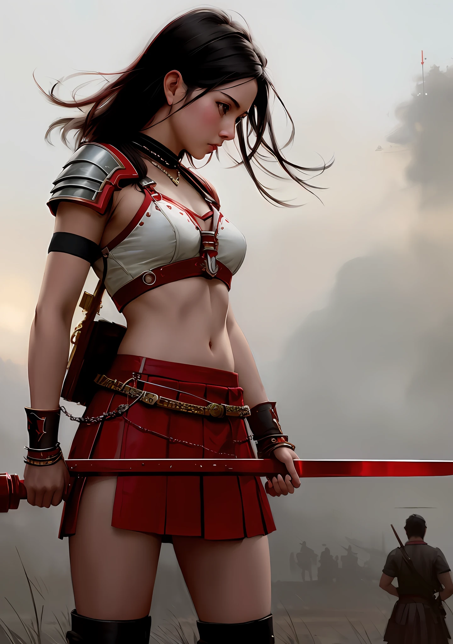 stunningly beautiful photo realistic cute warrior in skirt , using red chains, with red arms, Atey Ghailan, by Jeremy Mann, Greg Manchess, Antonio Moro, trending on ArtStation, trending on CGSociety, Intricate, High Detail, Sharp focus, dramatic, photorealistic painting art by midjourney and greg rutkowski