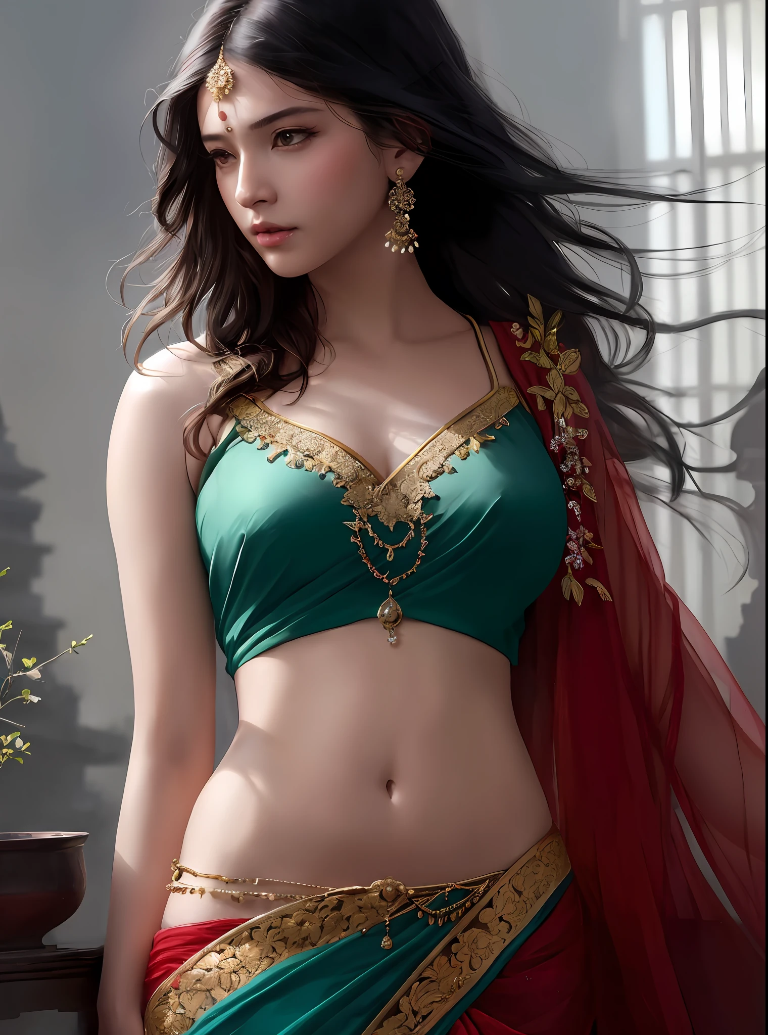 modelshoot style, (extremely detailed CG unity 8k wallpaper), full shot body photo of the most beautiful artwork in the world, stunningly beautiful photo realistic cute women in saree (navel:1.5), professional majestic oil painting by Ed Blinkey, Atey Ghailan, Studio Ghibli, by Jeremy Mann, Greg Manchess, Antonio Moro, trending on ArtStation, trending on CGSociety, Intricate, High Detail, Sharp focus, dramatic, photorealistic painting art by midjourney and greg rutkowski