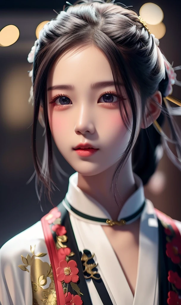 chinese girl, wuxia style, with the word 忍 on her left cheek. the setting is sunny, and she is wearing a short Chinese traditional dress, holding a spear, and hair tied to two buns,