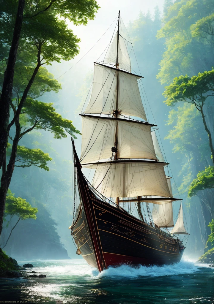 masterpiece, best quality, high quality,extremely detailed CG unity 8k wallpaper, An enchanting and dreamy front view scene of a sailboat on a narrow forrestry river in fantasy forest, with towering trees, hidden fairy glens, creating a sense of mystique and enchantment, artstation, intricate, trending, award winning photography, Bokeh, Depth of Field, HDR, bloom, Chromatic Aberration ,Photorealistic,extremely detailed, trending on artstation, trending on CGsociety, Intricate, High Detail, dramatic, art by midjourney