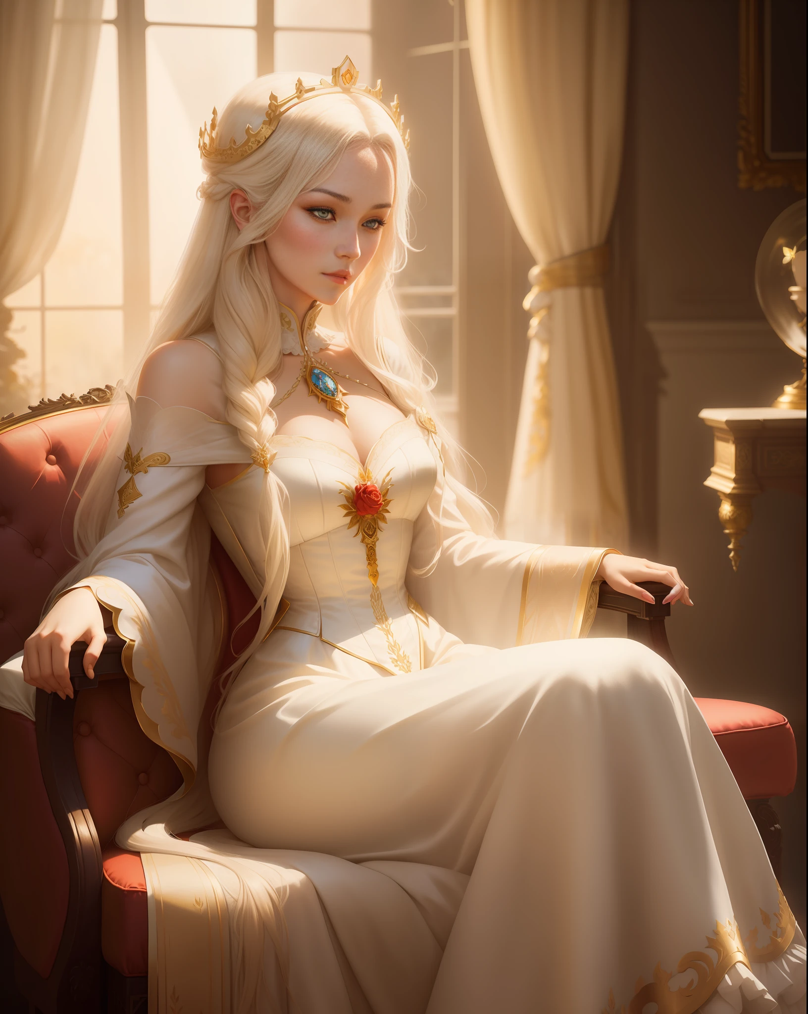 there is a woman sitting on a chair in a room, a beautiful fantasy empress, ((a beautiful fantasy empress)), guweiz style artwork, beautiful elegant queen, beautiful character painting, guweiz, art style fantasy art, elegant cinematic fantasy art, beautiful fantasy art, blonde haired princess, beautiful princess, the style of wlop, long white hair adorned by a delicate gold crown, delicate and elegant white victorian dress with long wide sleeves , sitting in a Red Victorian armchair, in the background against the light of a window with views of a beautiful garden with roses, in a beautiful room with gold details,