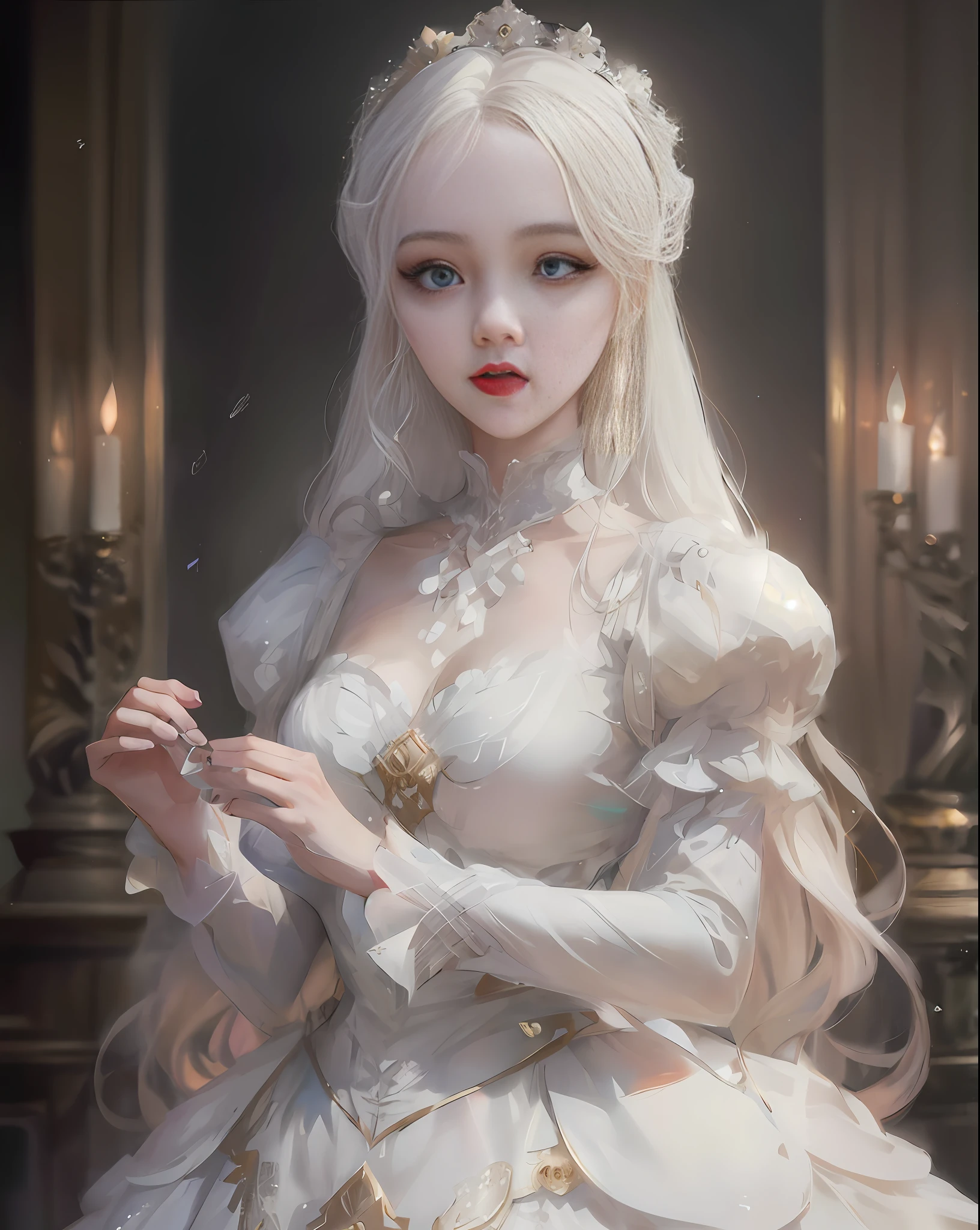 there is a woman in a white dress, guweiz style artwork, guweiz at artstation pixiv, guweiz at pixiv artstation, beautiful elegant princess 8k high quality detailed art, guweiz masterpiece, guweiz, fantasy art style , ross tran 8k, loish and wlop, woman posing for a portrait, woman with long wavy white hair, woman with gray-blue eyes, white victorian dress with gold accents, blurred background of a palace with chandeliers