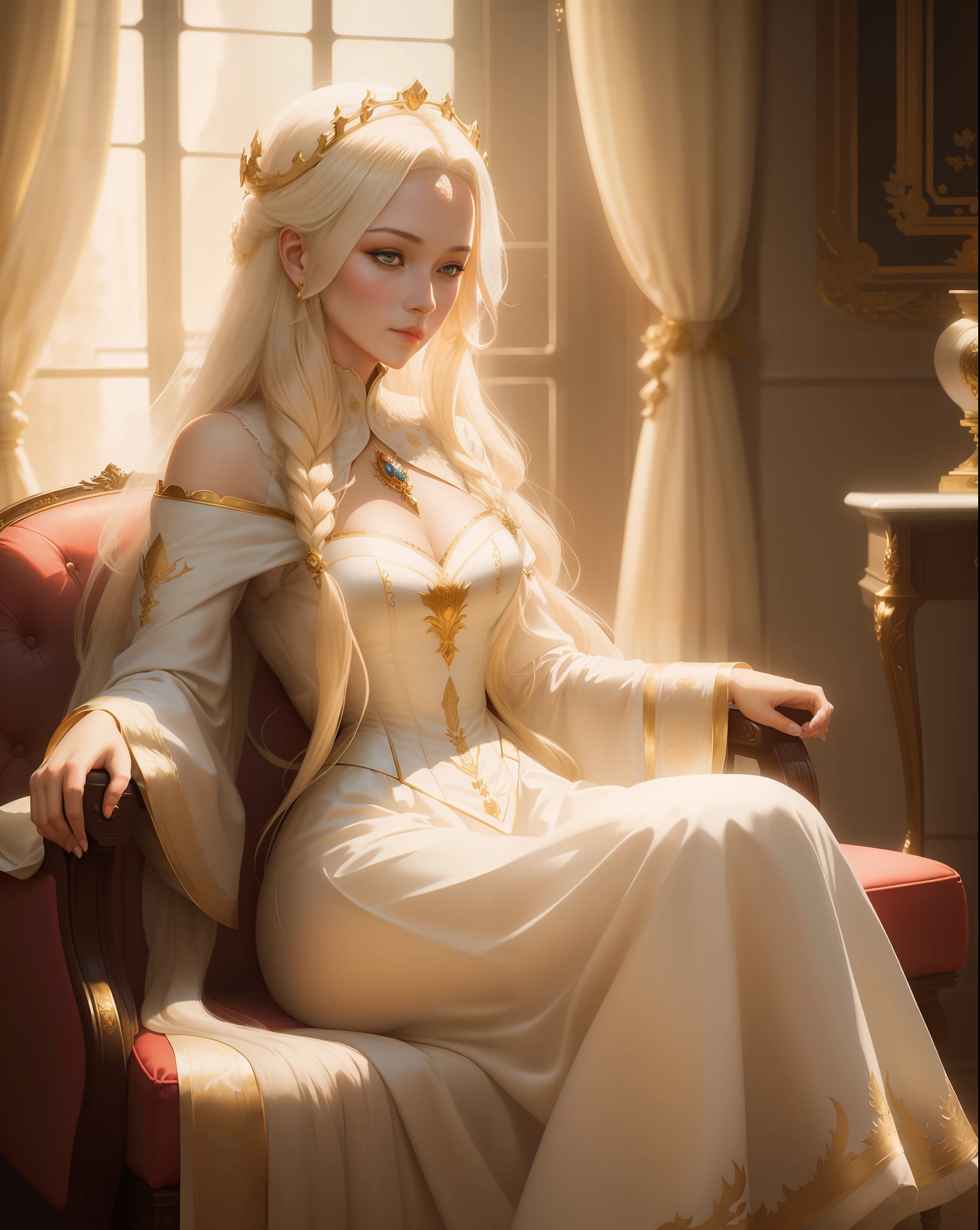 there is a woman sitting on a chair in a room, a beautiful fantasy empress, ((a beautiful fantasy empress)), guweiz style artwork, beautiful elegant queen, beautiful character painting, guweiz, art style fantasy art, elegant cinematic fantasy art, beautiful fantasy art, blonde haired princess, beautiful princess, the style of wlop, long white hair adorned by a delicate gold crown, delicate and elegant white victorian dress with long wide sleeves , sitting in a Red Victorian armchair, in the background against the light of a window with views of a beautiful garden with roses, in a beautiful room with gold details,