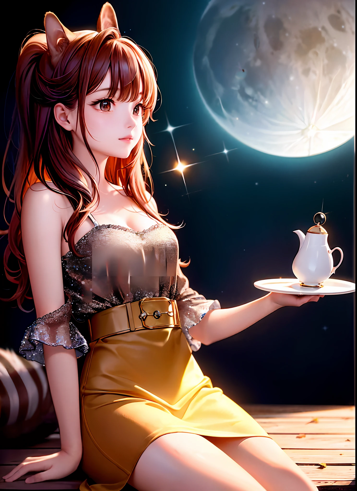 "A beautiful CG masterpiece, rendered in the highest quality and ultra-detail, showing a mesmerizing squirrel sitting on the moon drinking tea, surrounded by a spectacle of sparkling stardust."
