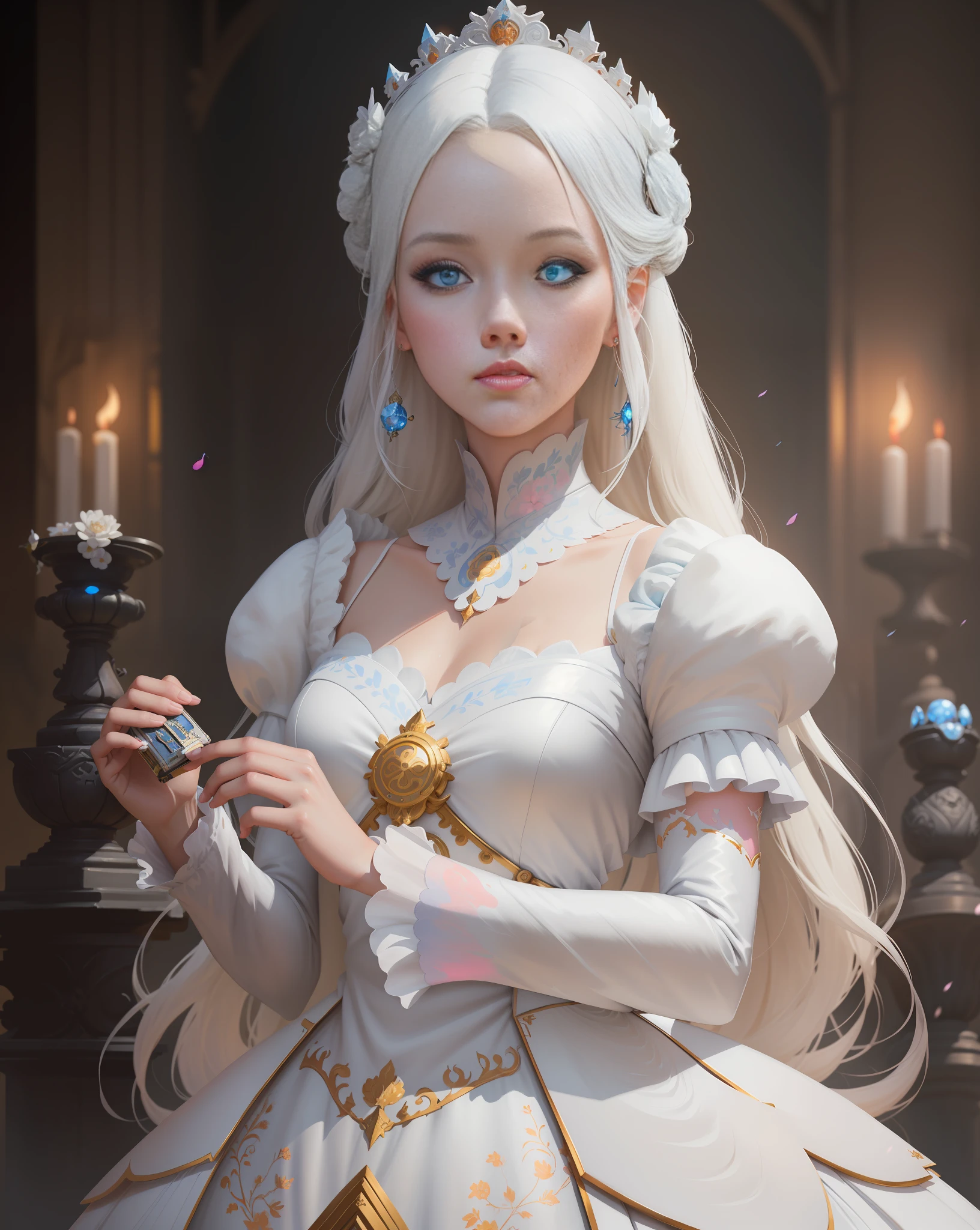 there is a woman in a white dress holding a Music Box, artwork in the style of guweiz, guweiz on pixiv artstation, guweiz on artstation pixiv, guweiz, fantasy art style, guweiz masterpiece, beautiful and elegant queen, beautiful character painting, detailed digital anime art, blonde - haired princess, White hair, sky blue eyes, pink lips