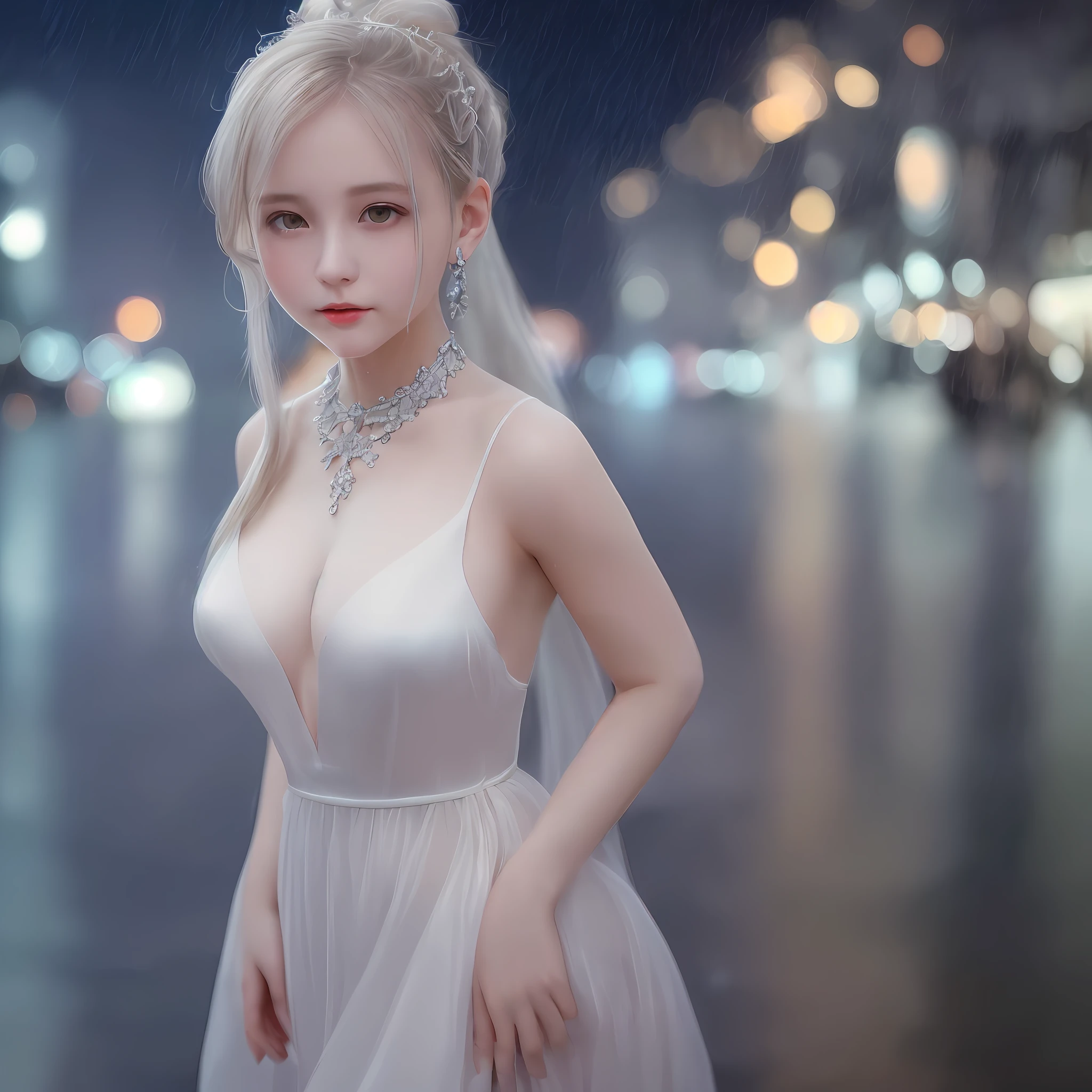 Casual posture, (extremely exquisite and beautiful work), (masterpiece), 1 girl, white dress, high detail, lumbago, twisted ponytail, feminine expression, clear and beautiful eyes, turquoise eyes, exquisite necklaces, exquisite earrings, fairy ears, simple blurred background, extreme detail, beautiful figure, exquisite collarbone, lovely lips, beautiful , soft back, mix4, (8k, RAW photo, best quality, 1.2)), (realism, realism: 1.37 ), 1 girl, cute, cityscape, night, rain, wet, professional lighting, photon mapping, radiosity, physically-based rendering,