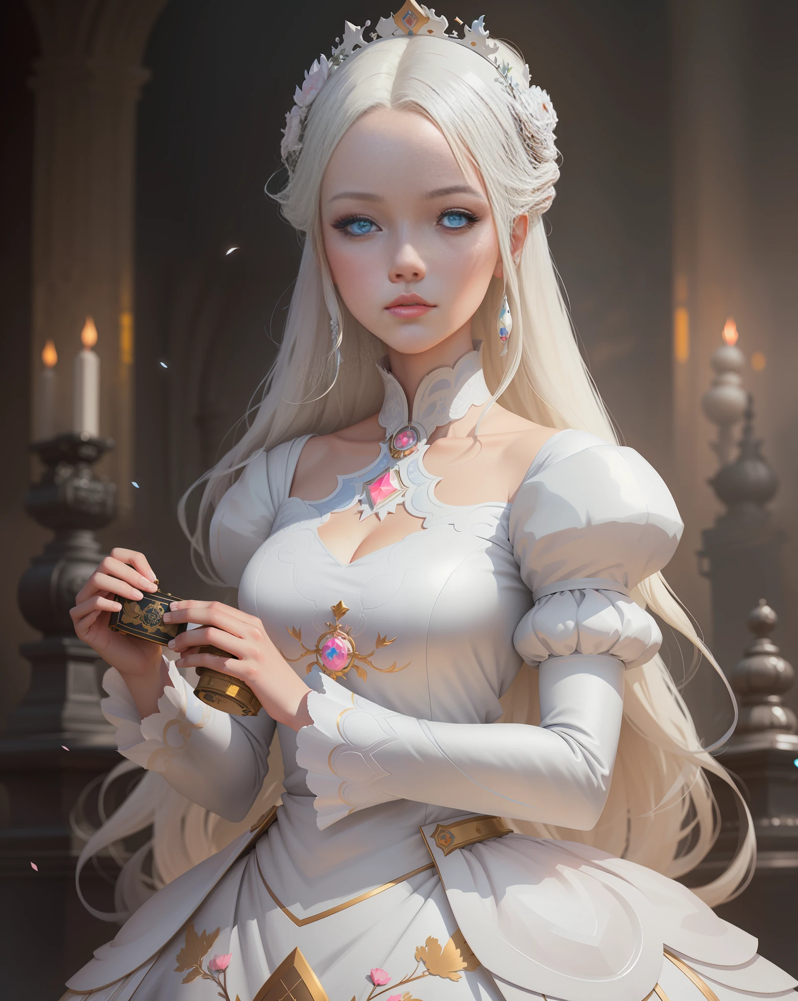 there is a woman in a white dress holding a Music Box, artwork in the style of guweiz, guweiz on pixiv artstation, guweiz on artstation pixiv, guweiz, fantasy art style, guweiz masterpiece, beautiful and elegant queen, beautiful character painting, detailed digital anime art, blonde - haired princess, White hair, sky blue eyes, pink lips