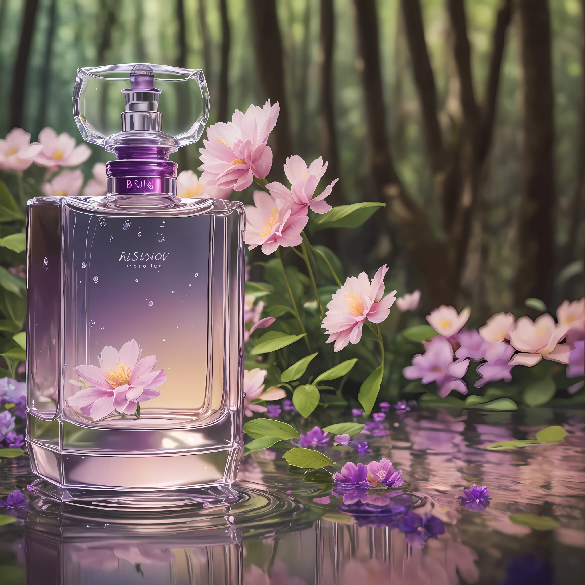 A luxurious perfume bottle, a third of the size of the picture, bionics, hyper-realism, photo, photo composition, forest, flowers, vibrant colors, silky smooth background, 4k, caustics, full frame, detailed Glass texture, background with water waves, wonderful reflections --v 6