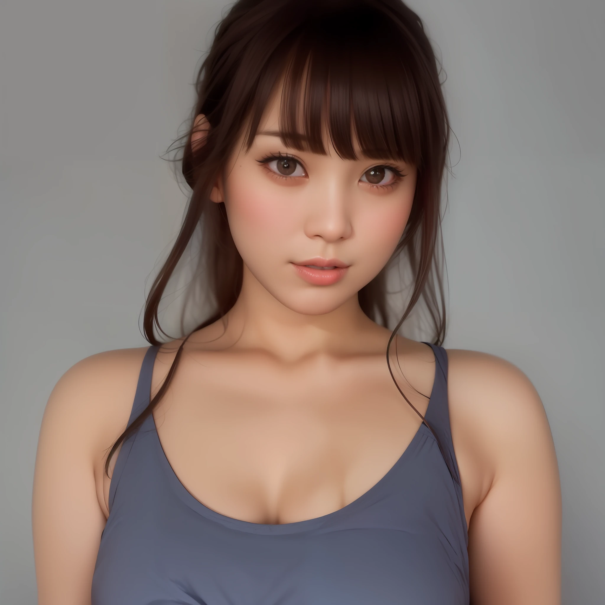 arafed asian woman with a blue top and bangs posing for a picture, 奈良美智, beautiful japanese girls face, japanese model, beautiful asian girl, deayami kojima, japanese goddess, chiho, girl cute-fine-face, beautiful asian woman, ayami kojima amano, young cute wan asian face