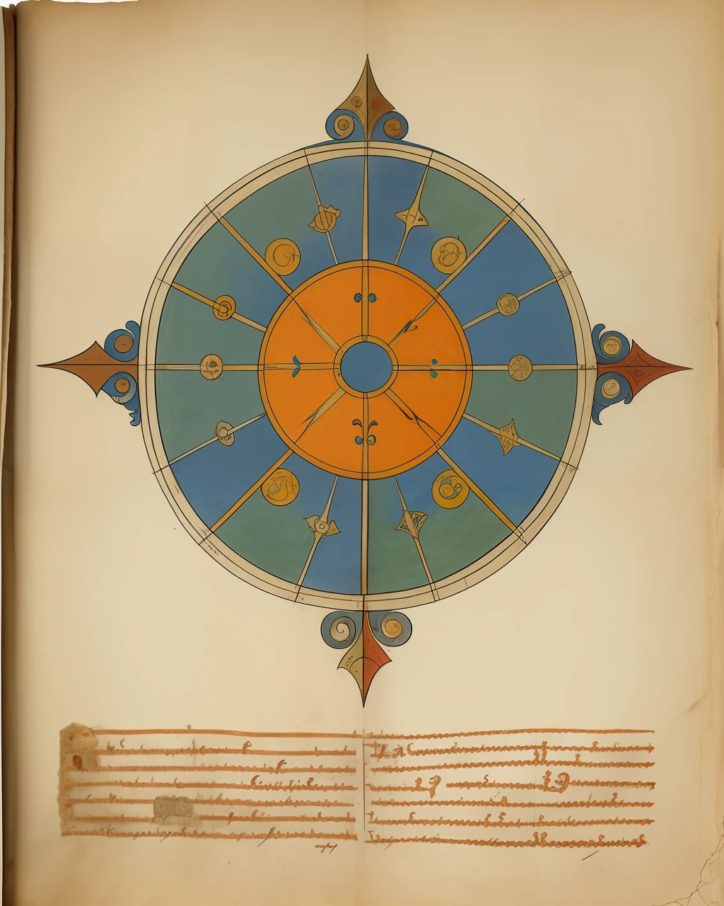 the front cover of an ancient medieval French codex, polychrome parchment, heraldic symbols, view from above, centred, extremely high details, scruffy:1.5, rough:1.5, stained:1.5, muted natural colours:1.0