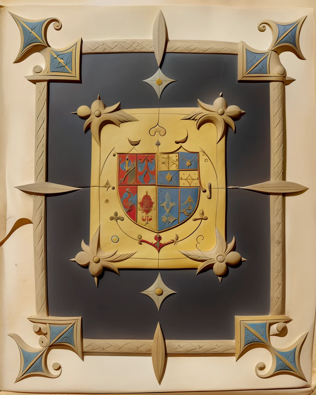 the front cover of an ancient medieval French codex, polychrome leather, heraldic symbols, tooling, gold furniture, view from above, centred, extremely high details, scruffy:1.5, rough:1.5, stained:1.5, bright natural colours:1.5