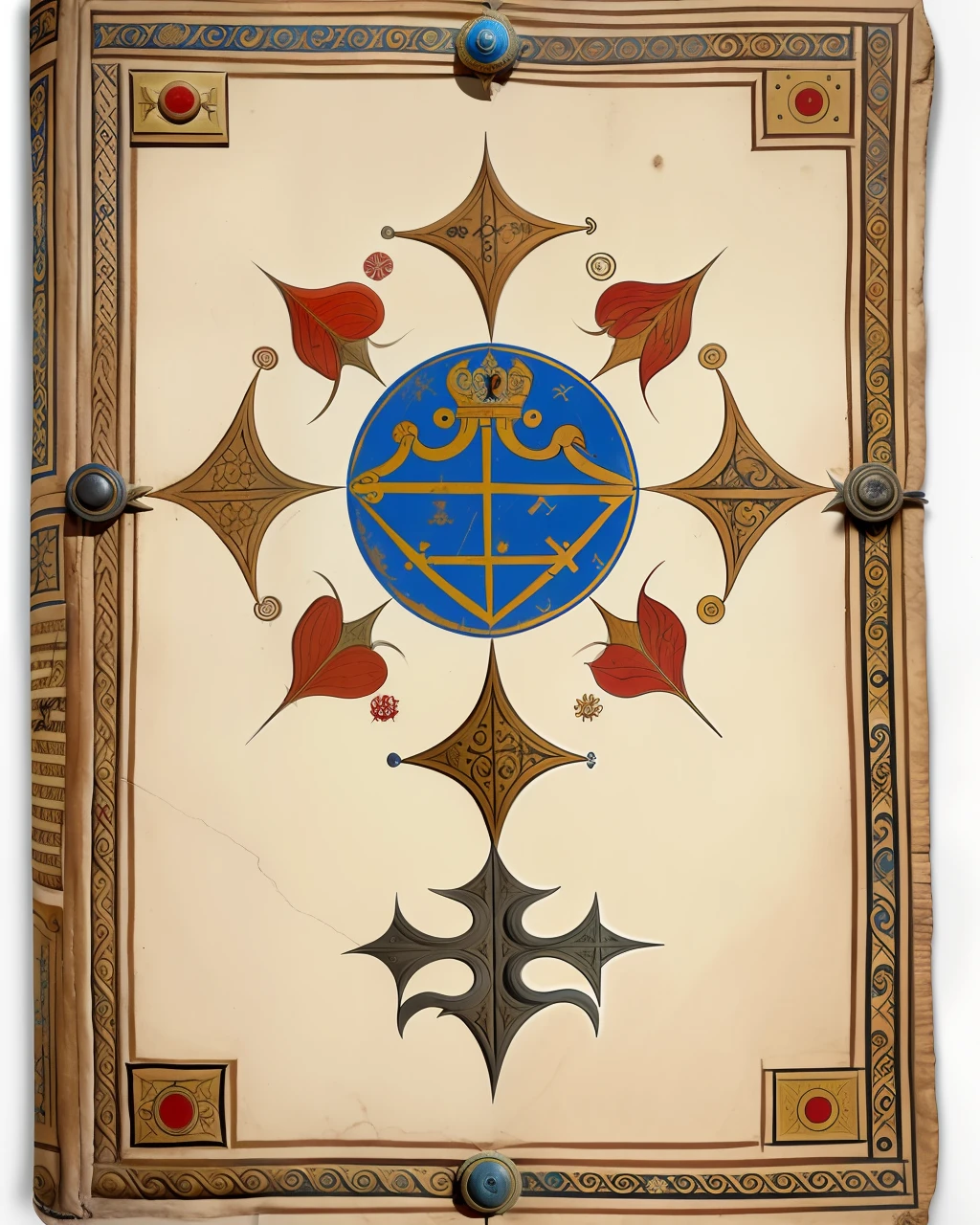the front cover of an ancient medieval French codex, polychrome leather, heraldic symbols, tooling, gold furniture, view from above, centred, extremely high details, scruffy:1.5, rough:1.5, stained:1.5, bright natural colours:1.5