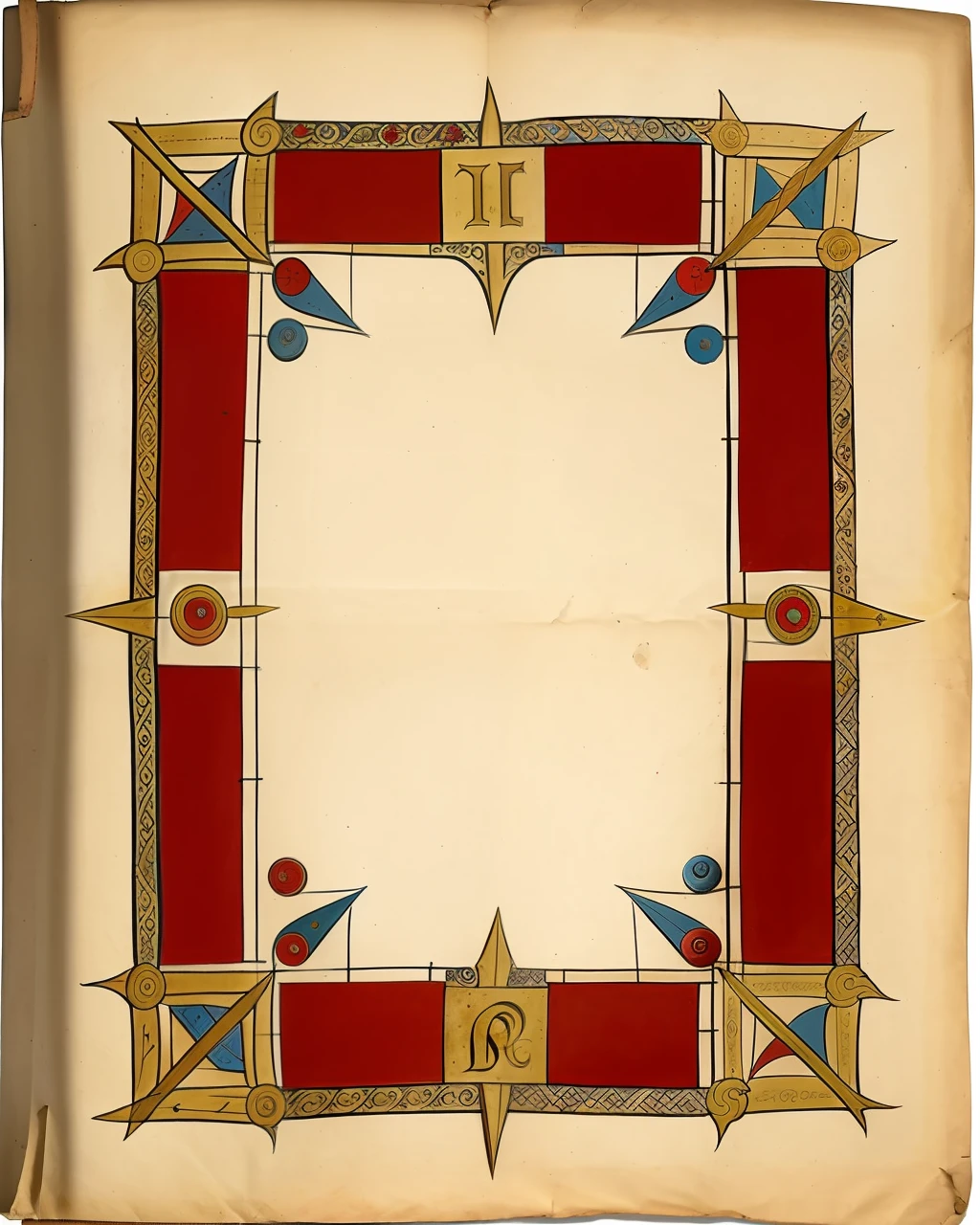 the front cover of an ancient medieval French codex, polychrome leather, heraldic symbols, tooling, gold furniture, view from above, centred, extremely high details, scruffy:1.5, rough:1.5, stained:1.5, bright natural colours:1.5